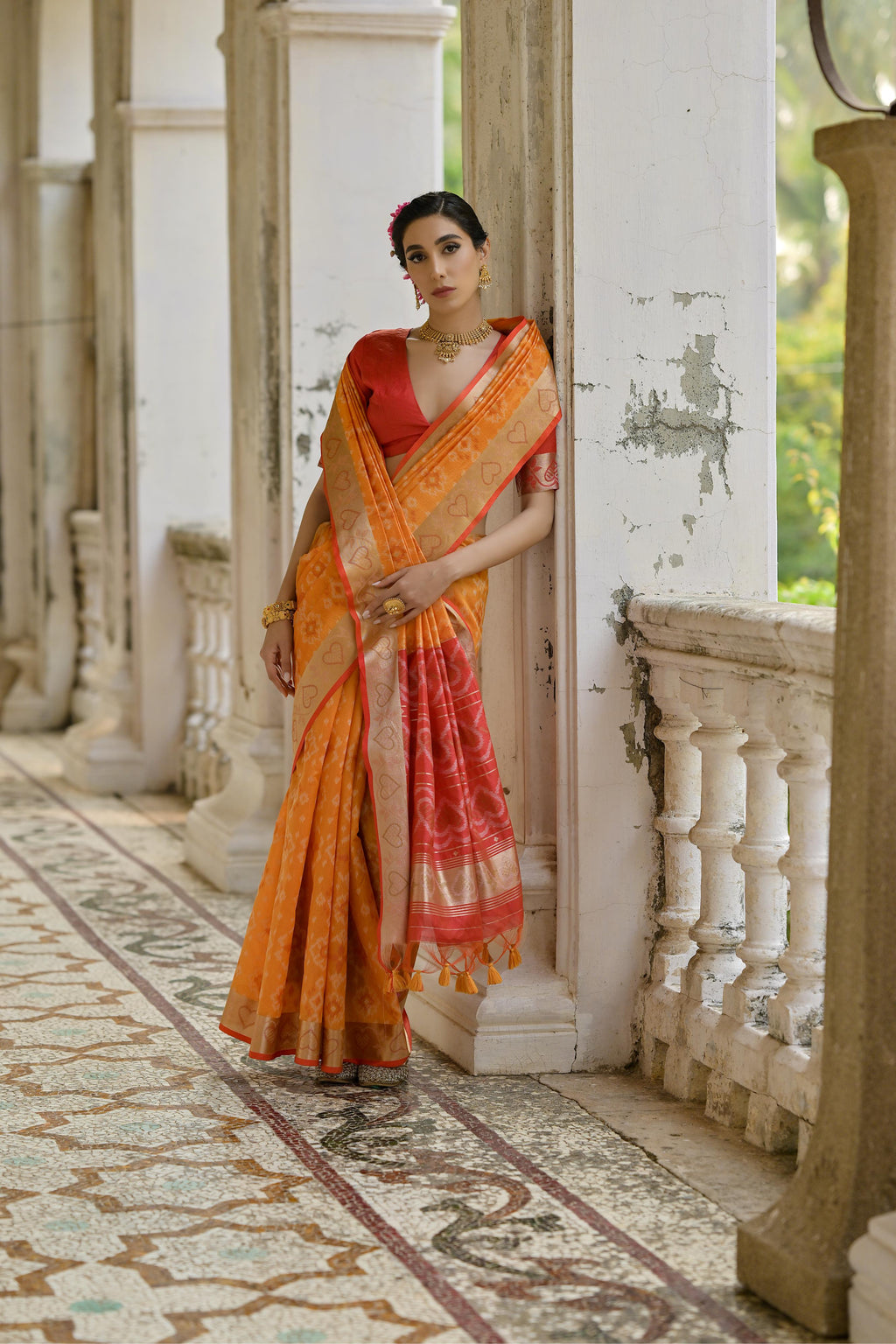 Women's Orange Soft Raw Silk Zari Woven Saree with Blouse