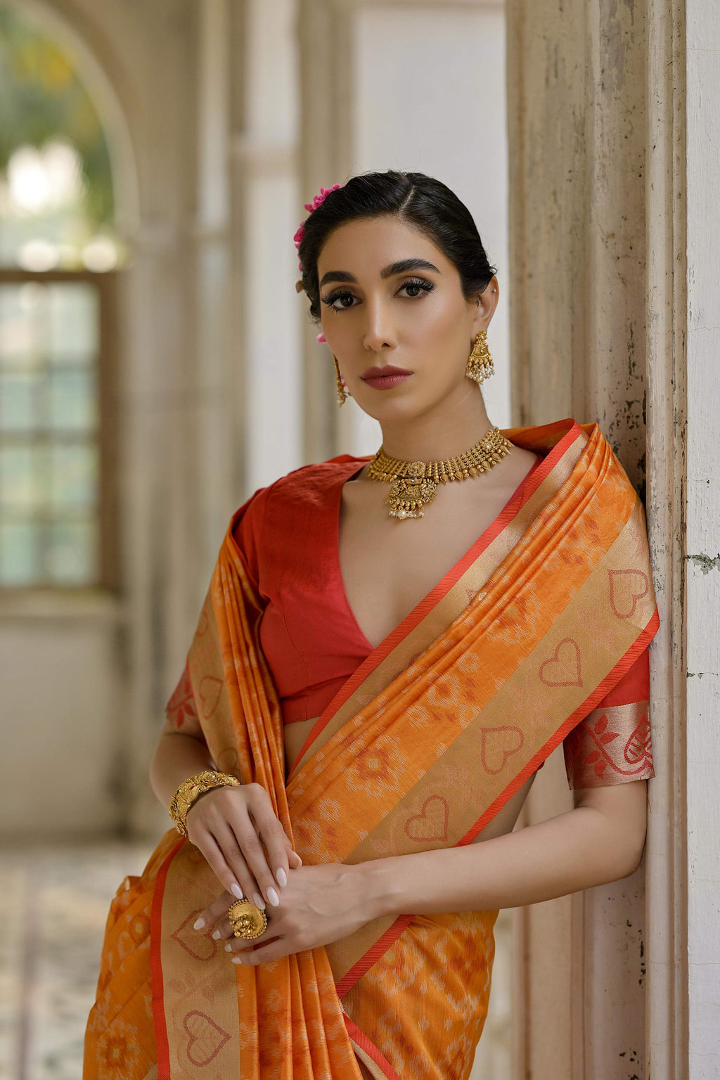 Women's Orange Soft Raw Silk Zari Woven Saree with Blouse