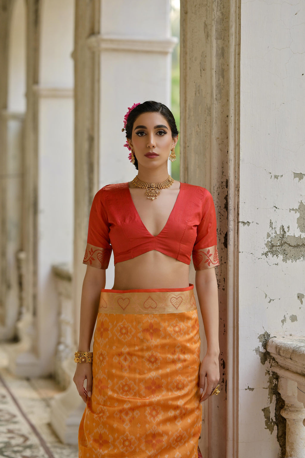 Women's Orange Soft Raw Silk Zari Woven Saree with Blouse