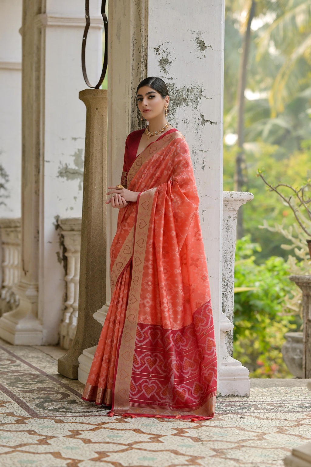 Women's Coral Soft Raw Silk Zari Woven Saree with Matching Blouse