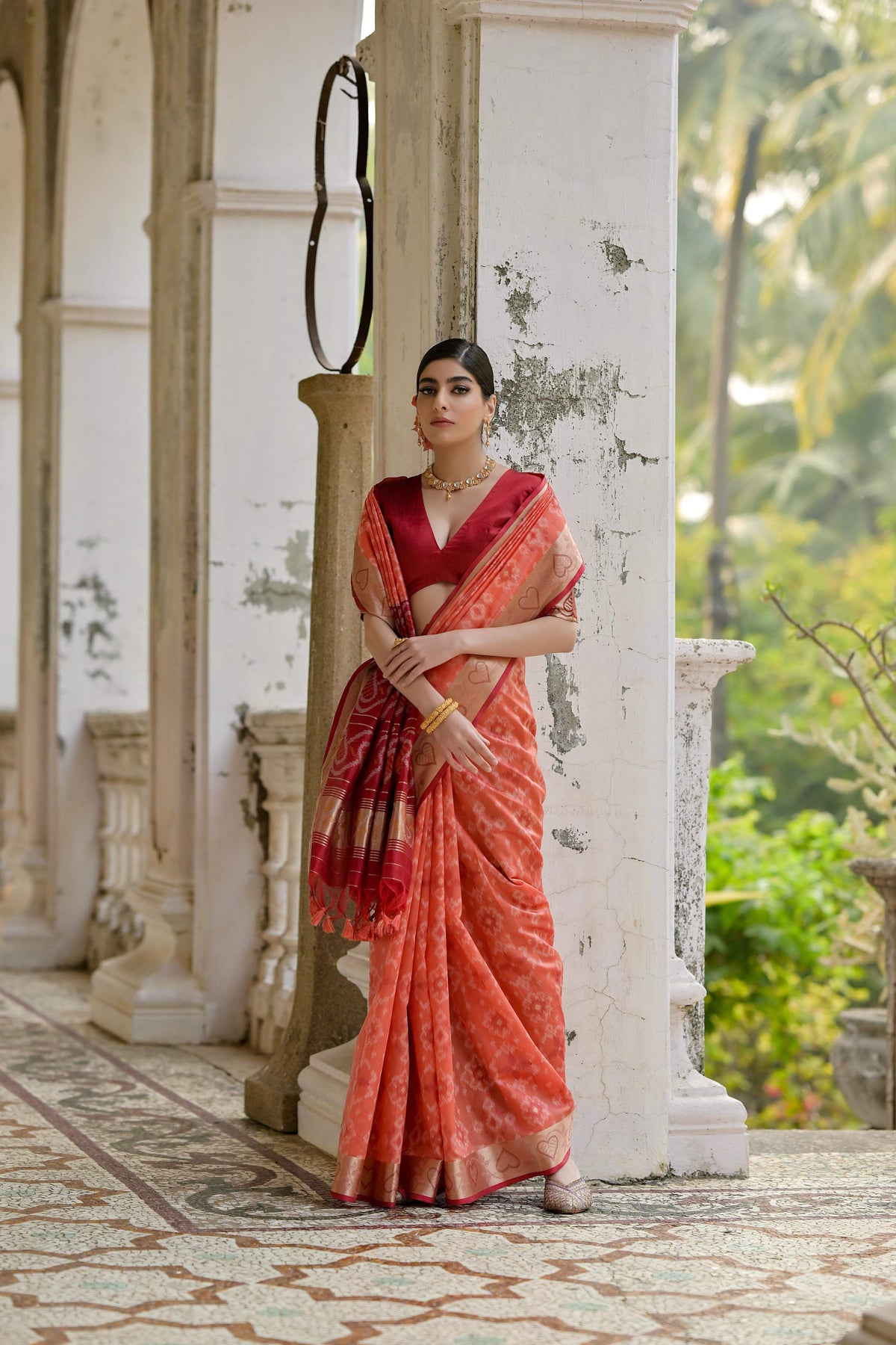 Women's Coral Soft Raw Silk Zari Woven Saree with Matching Blouse