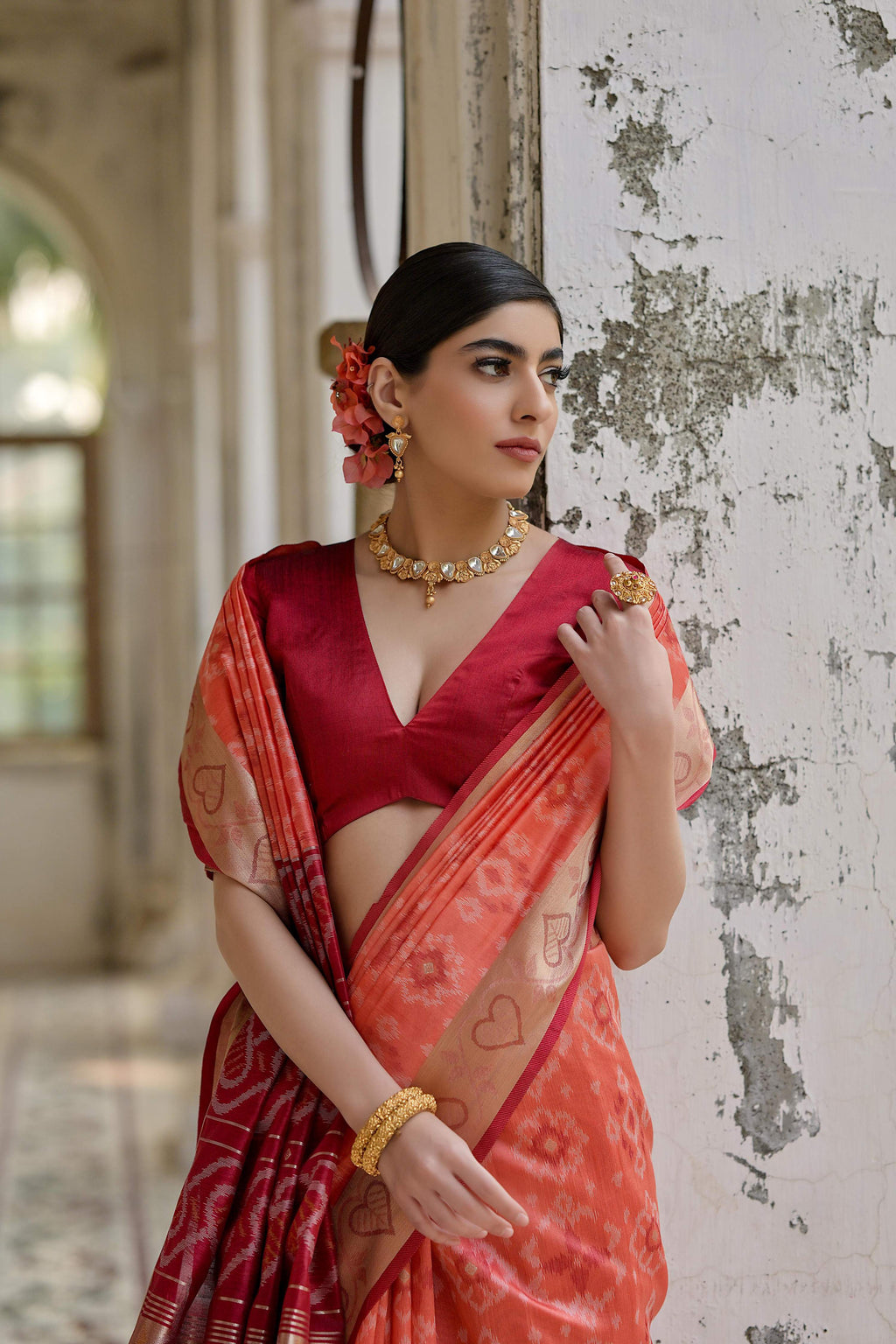 Women's Coral Soft Raw Silk Zari Woven Saree with Matching Blouse