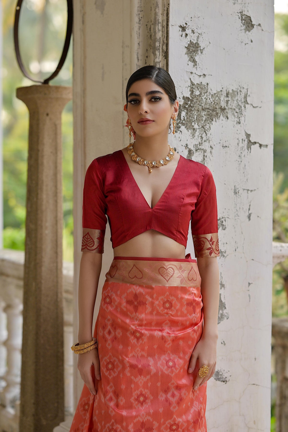 Women's Coral Soft Raw Silk Zari Woven Saree with Matching Blouse