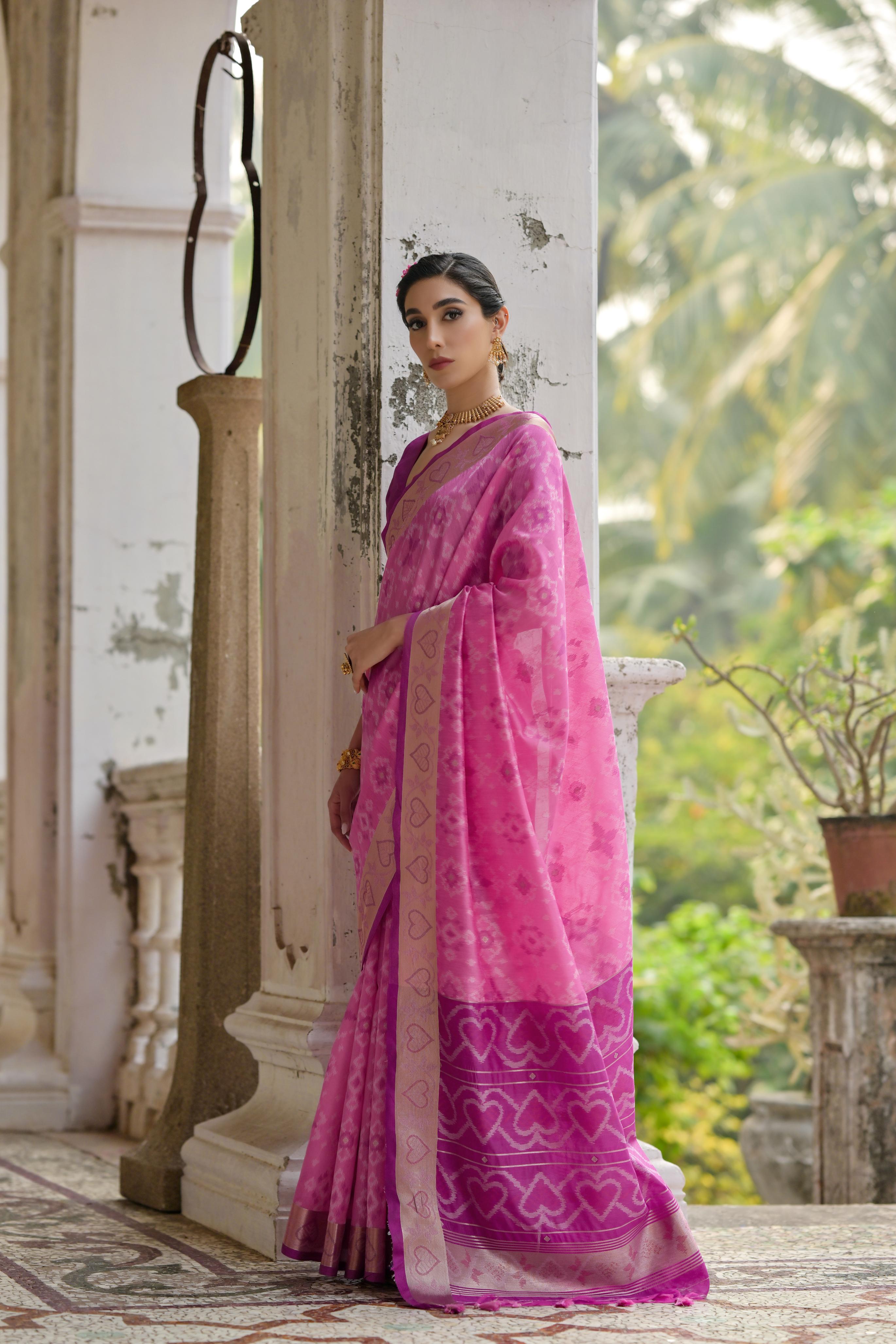 Pink Soft Raw Silk Zari Woven Saree with Blouse