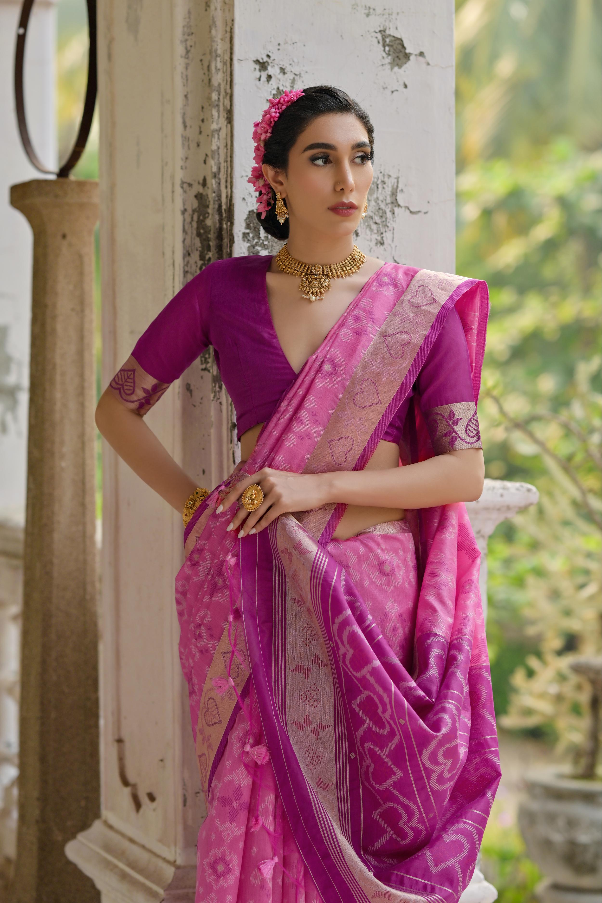 Pink Soft Raw Silk Zari Woven Saree with Blouse