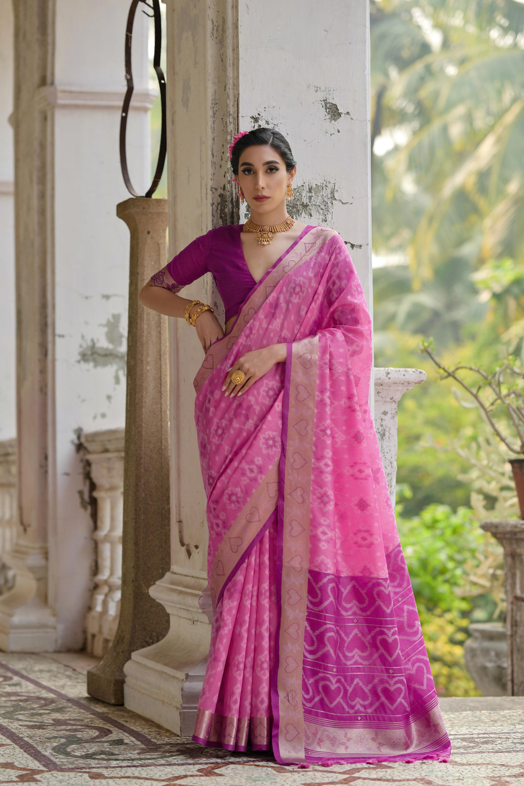Pink Raw Silk saree with Zari woven detailing and matching blouse