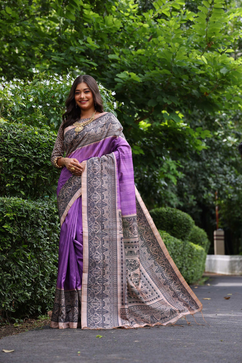 Purple Soft Tussar Silk Saree with Madhubani Print and Blouse