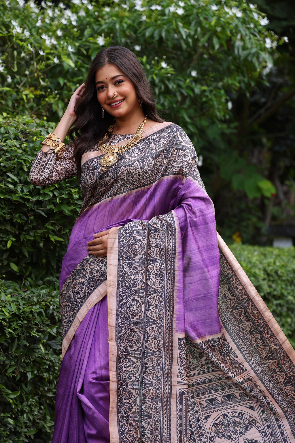 Purple Soft Tussar Silk Saree with Madhubani Print and Blouse