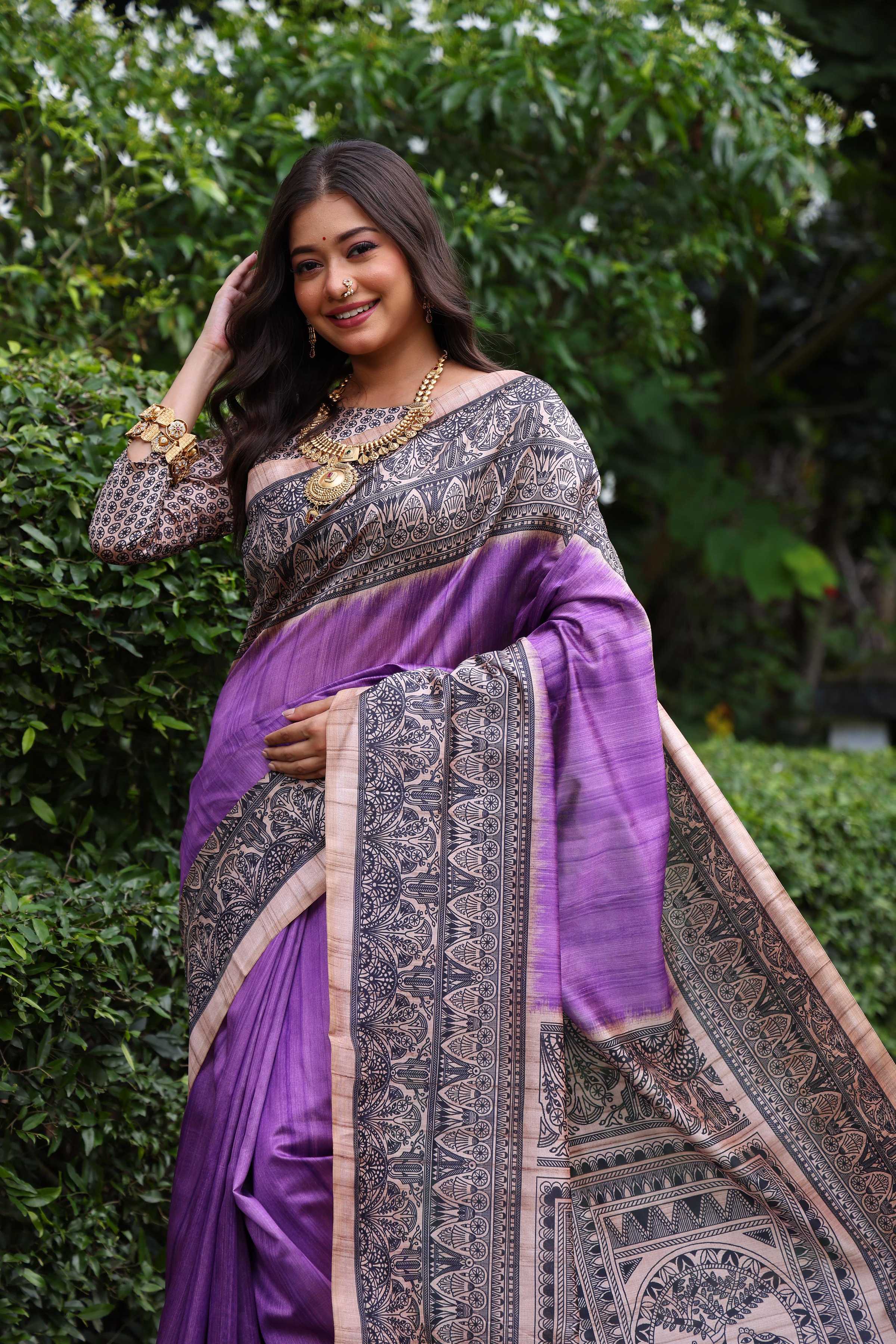 Purple Soft Tussar Silk Saree with Madhubani Print and Blouse