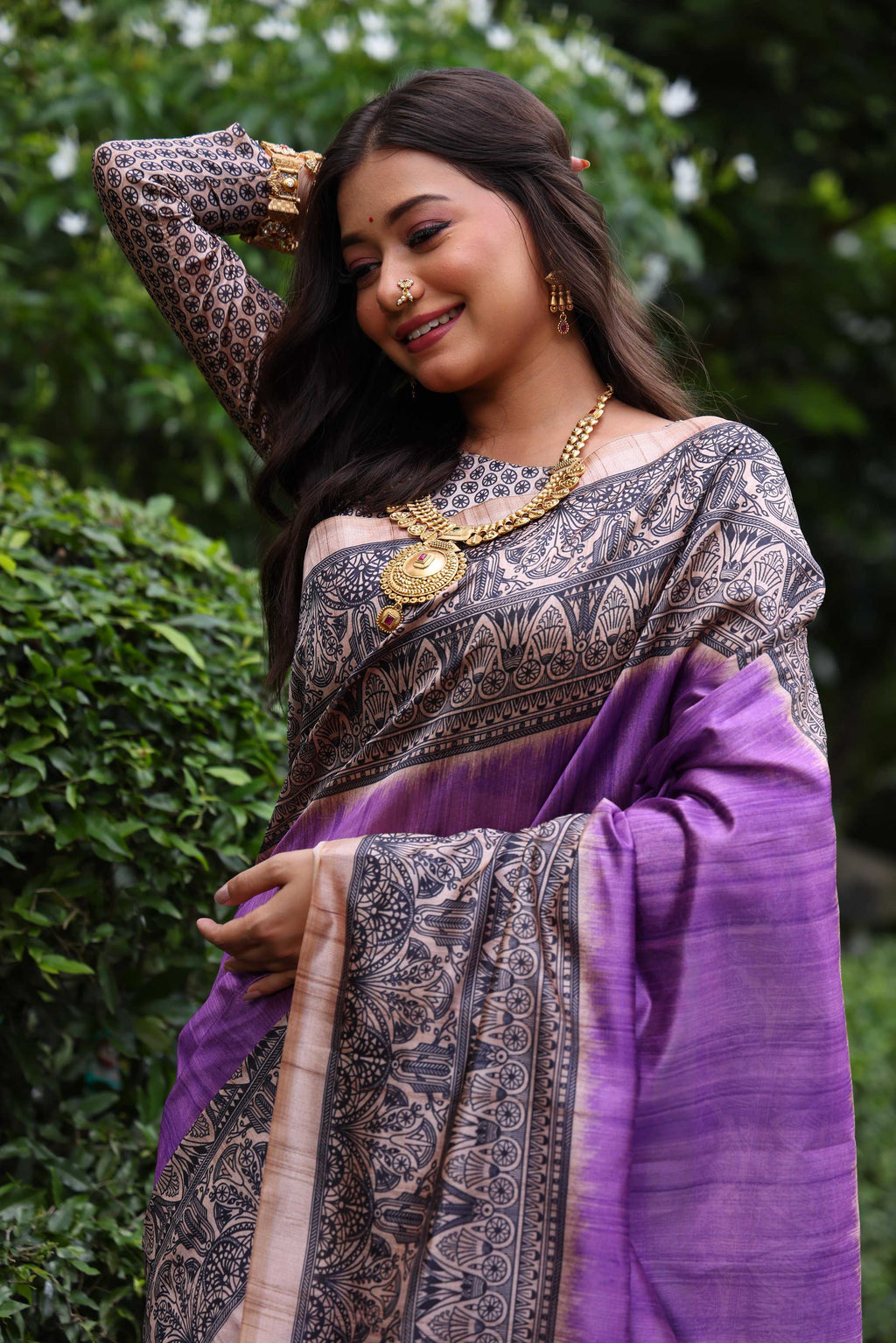 Purple Soft Tussar Silk Saree with Madhubani Print and Blouse
