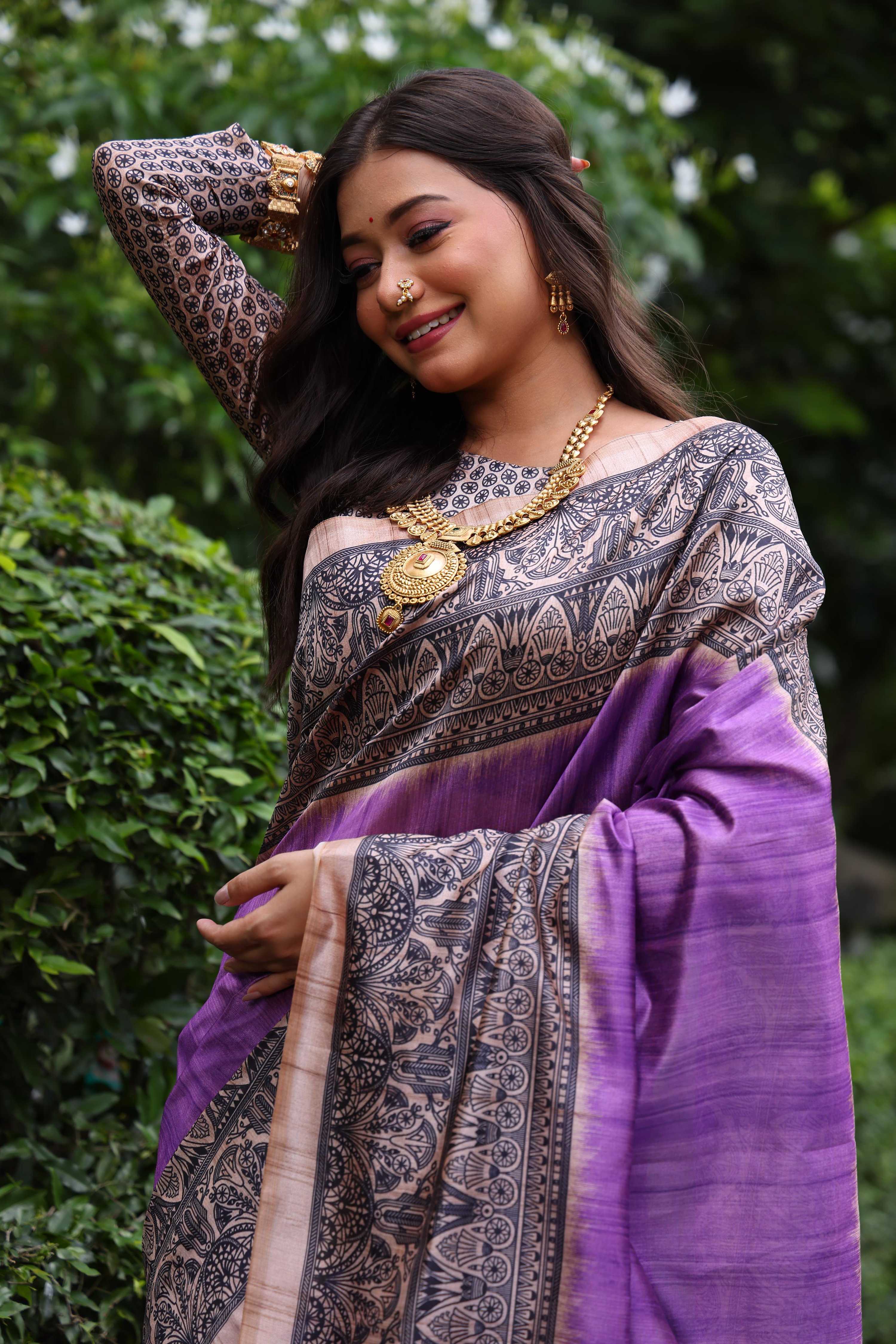 Purple Soft Tussar Silk Saree with Madhubani Print and Blouse
