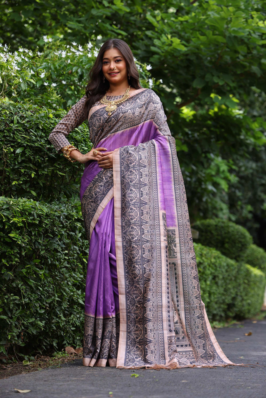 Purple soft Tussar silk saree with traditional Madhubani printed patterns and unstitched blouse