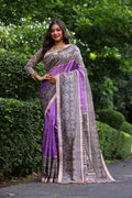 Purple soft Tussar silk saree with traditional Madhubani printed patterns and unstitched blouse