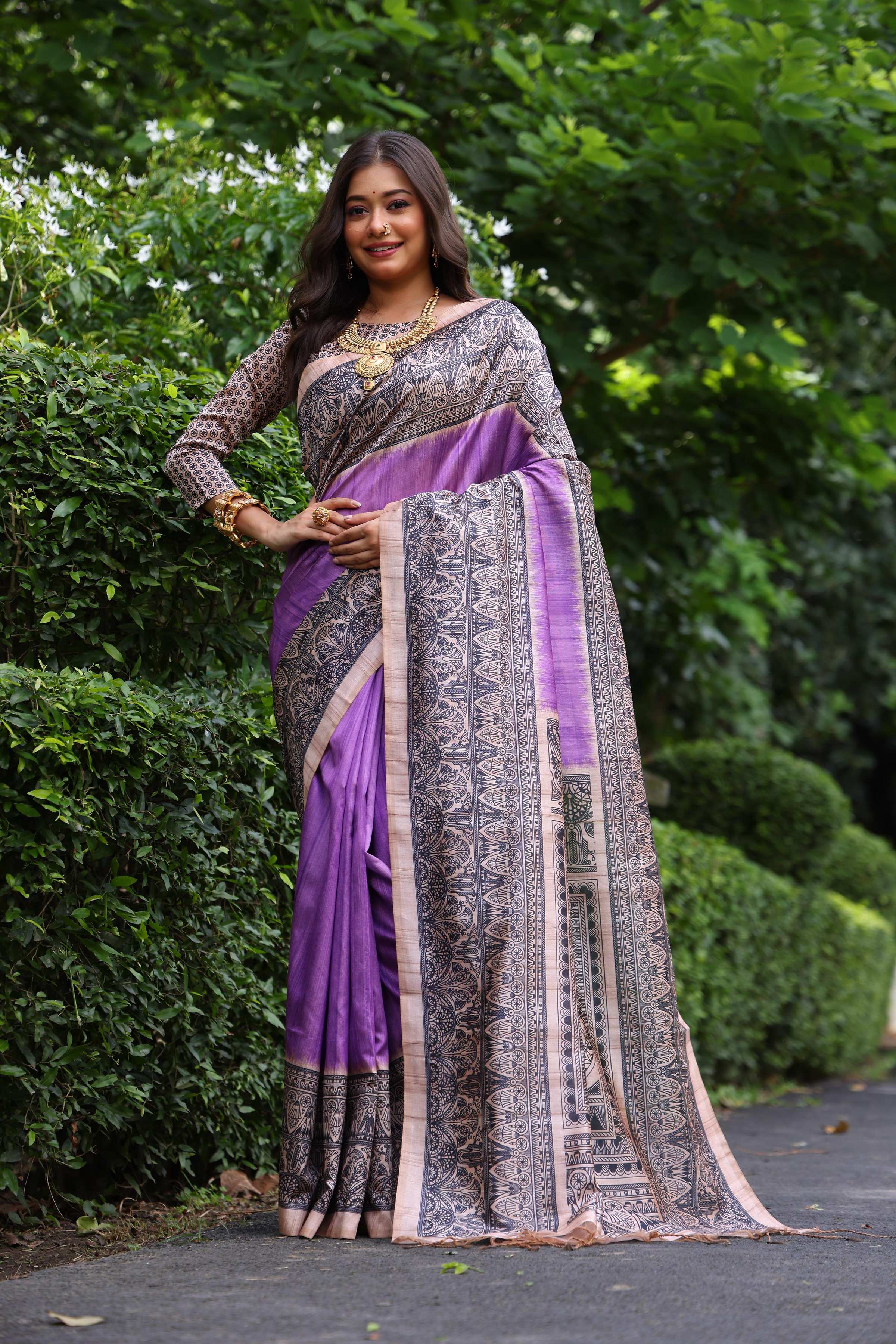 Purple soft Tussar silk saree with traditional Madhubani printed patterns and unstitched blouse