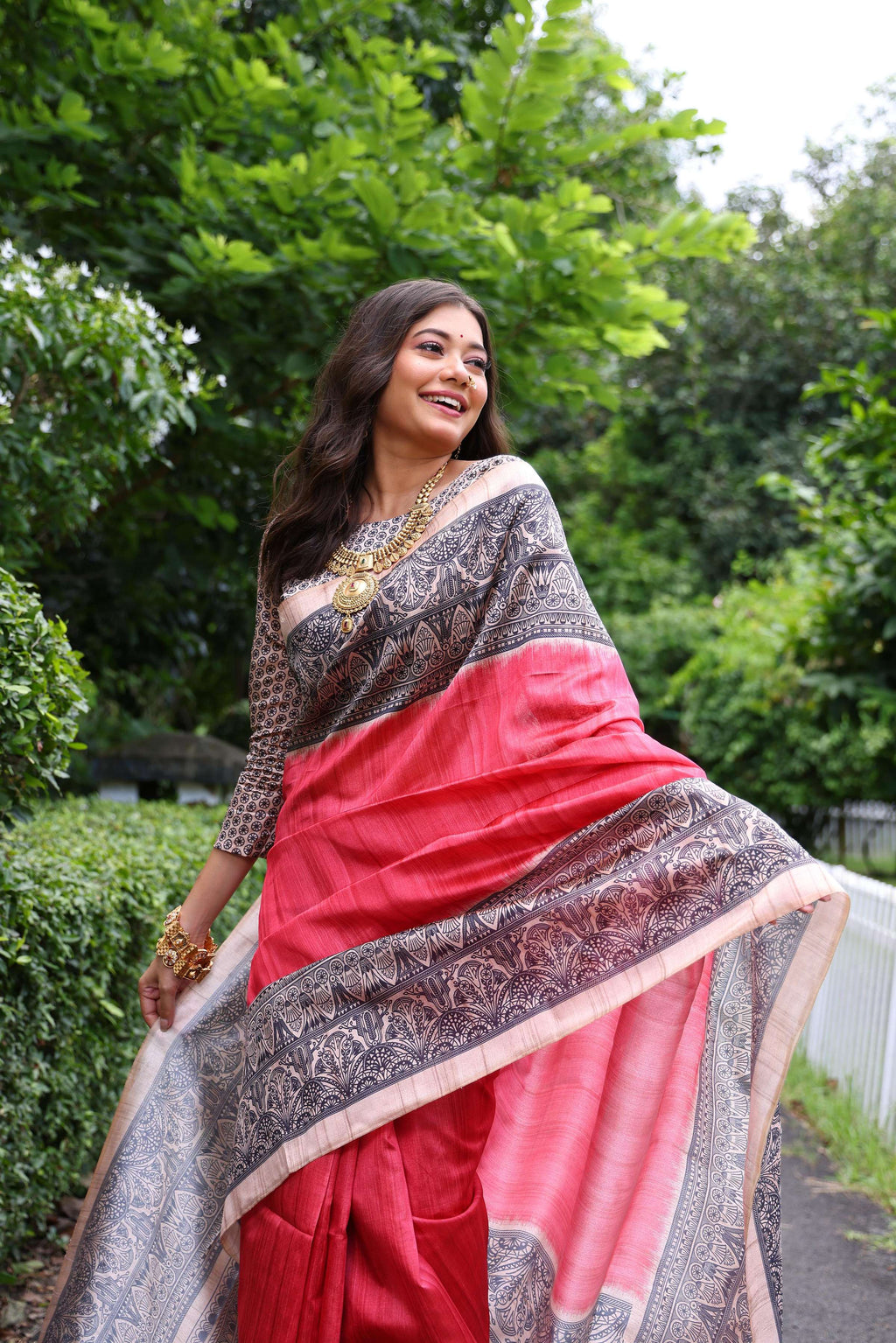 Gajri Soft Tussar Silk Saree with Madhubani Print and Blouse