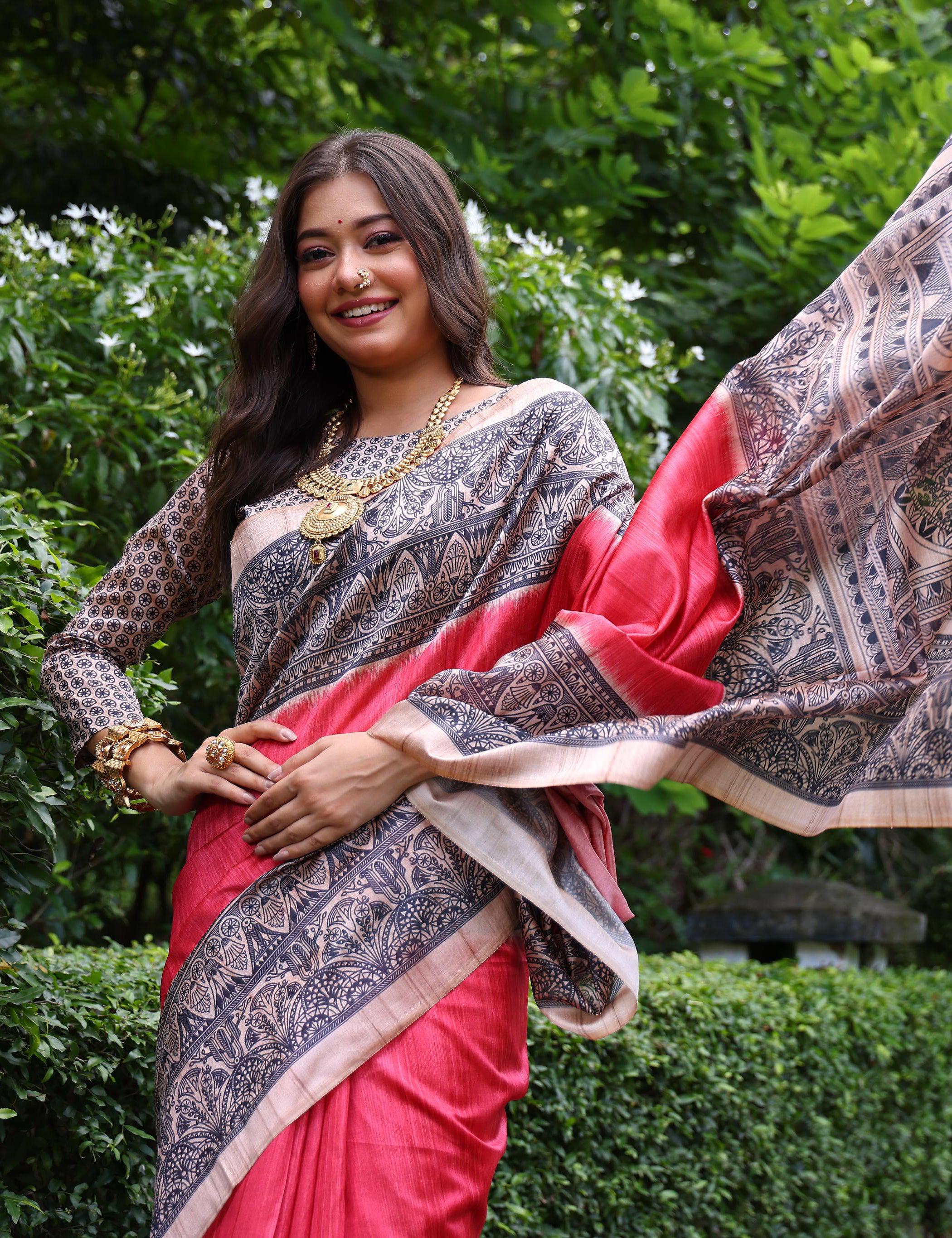 Gajri Soft Tussar Silk Saree with Madhubani Print and Blouse