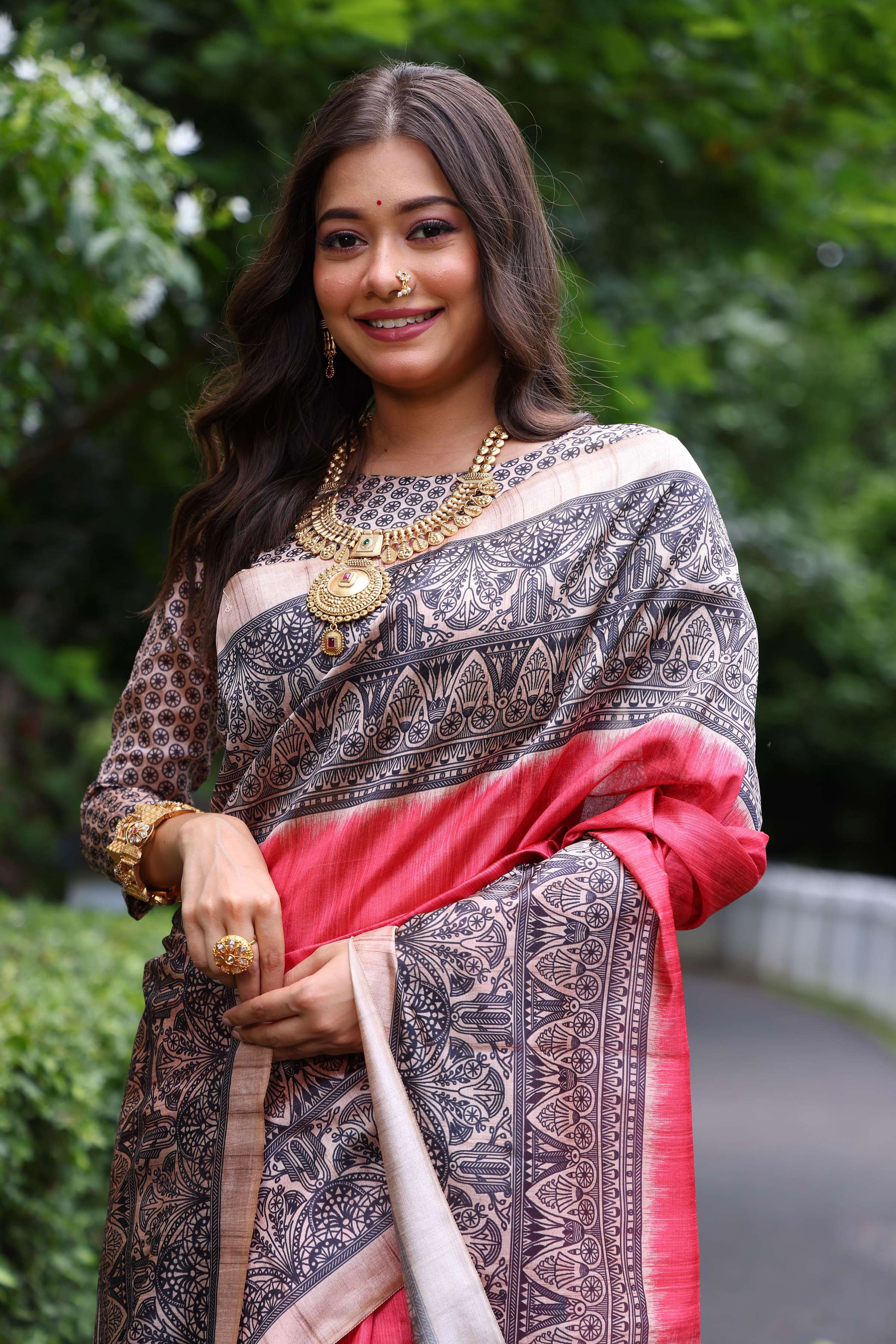 Gajri Soft Tussar Silk Saree with Madhubani Print and Blouse