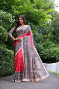 Gajri colored soft tussar silk saree with Madhubani floral prints and matching blouse