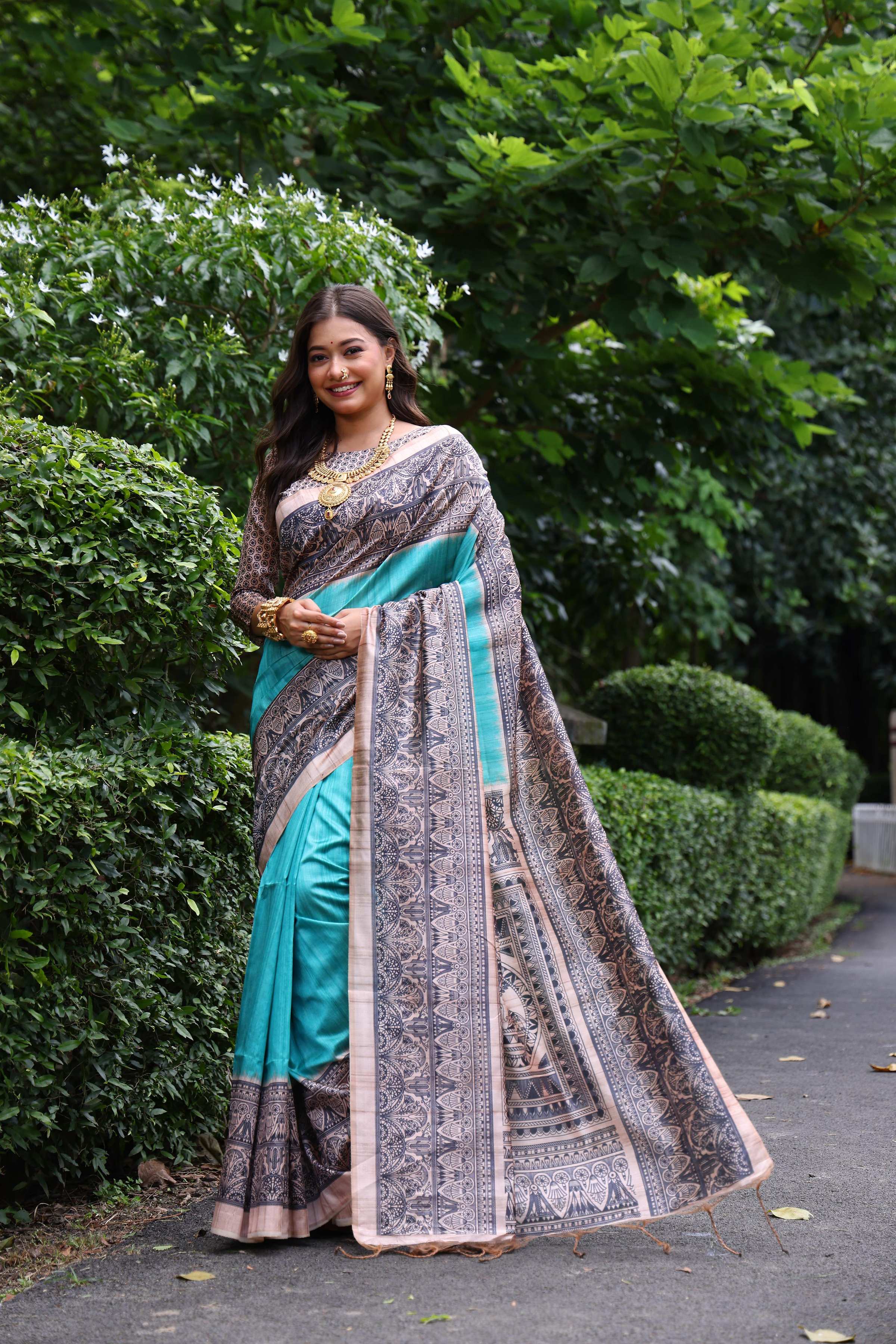 Sky Blue Soft Tussar Silk Saree with Traditional Madhubani Print