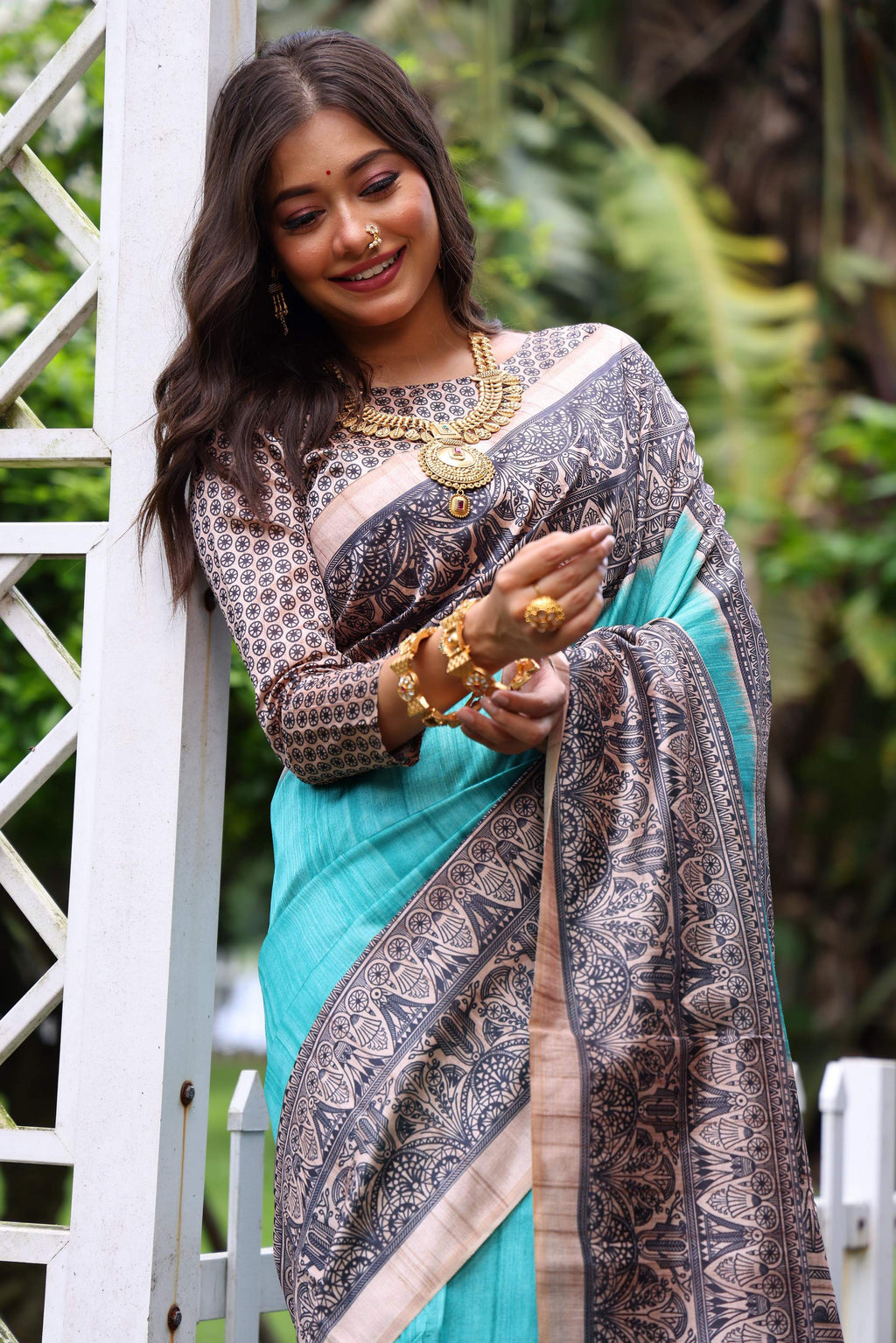 Sky Blue Soft Tussar Silk Saree with Traditional Madhubani Print