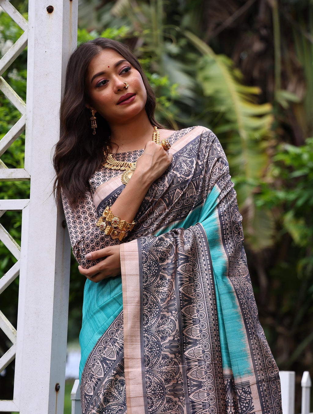Sky Blue Soft Tussar Silk Saree with Traditional Madhubani Print