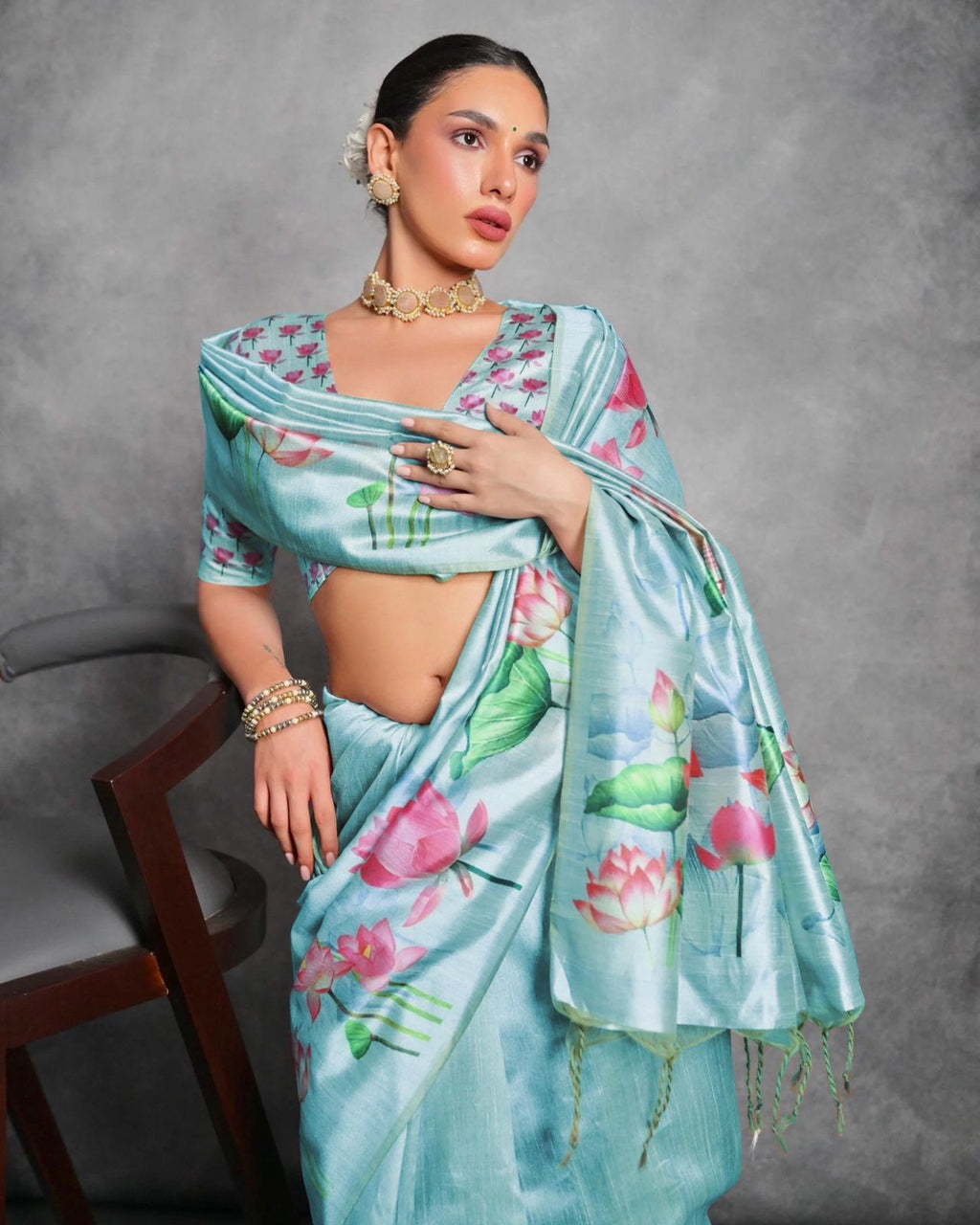 Sky Blue Soft Tussar Silk Floral Printed Saree with Blouse