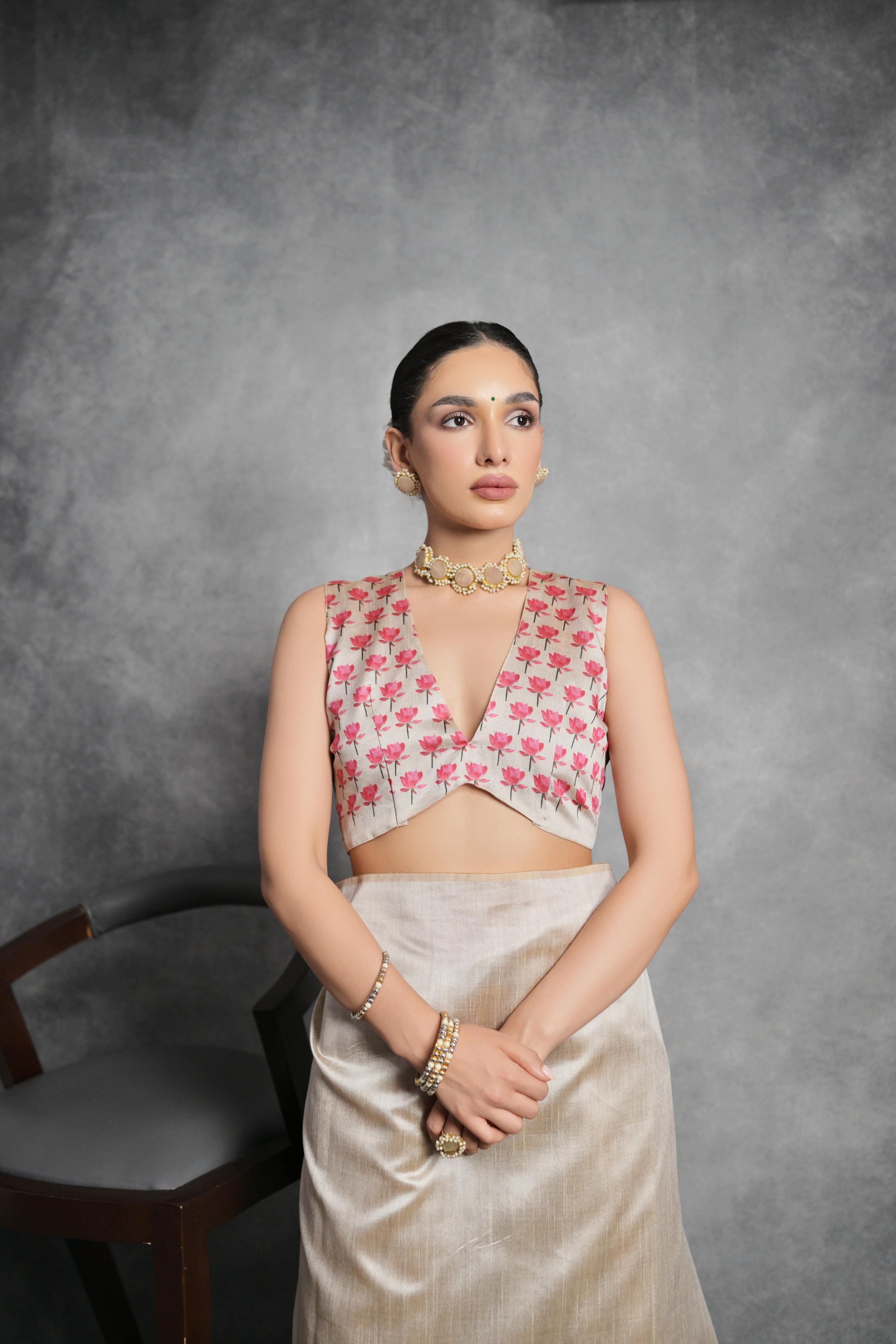 Women's Beige Soft Tussar Silk Floral Printed Saree with Blouse