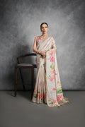 Women's Beige Soft Tussar Silk Floral Printed Saree with Blouse