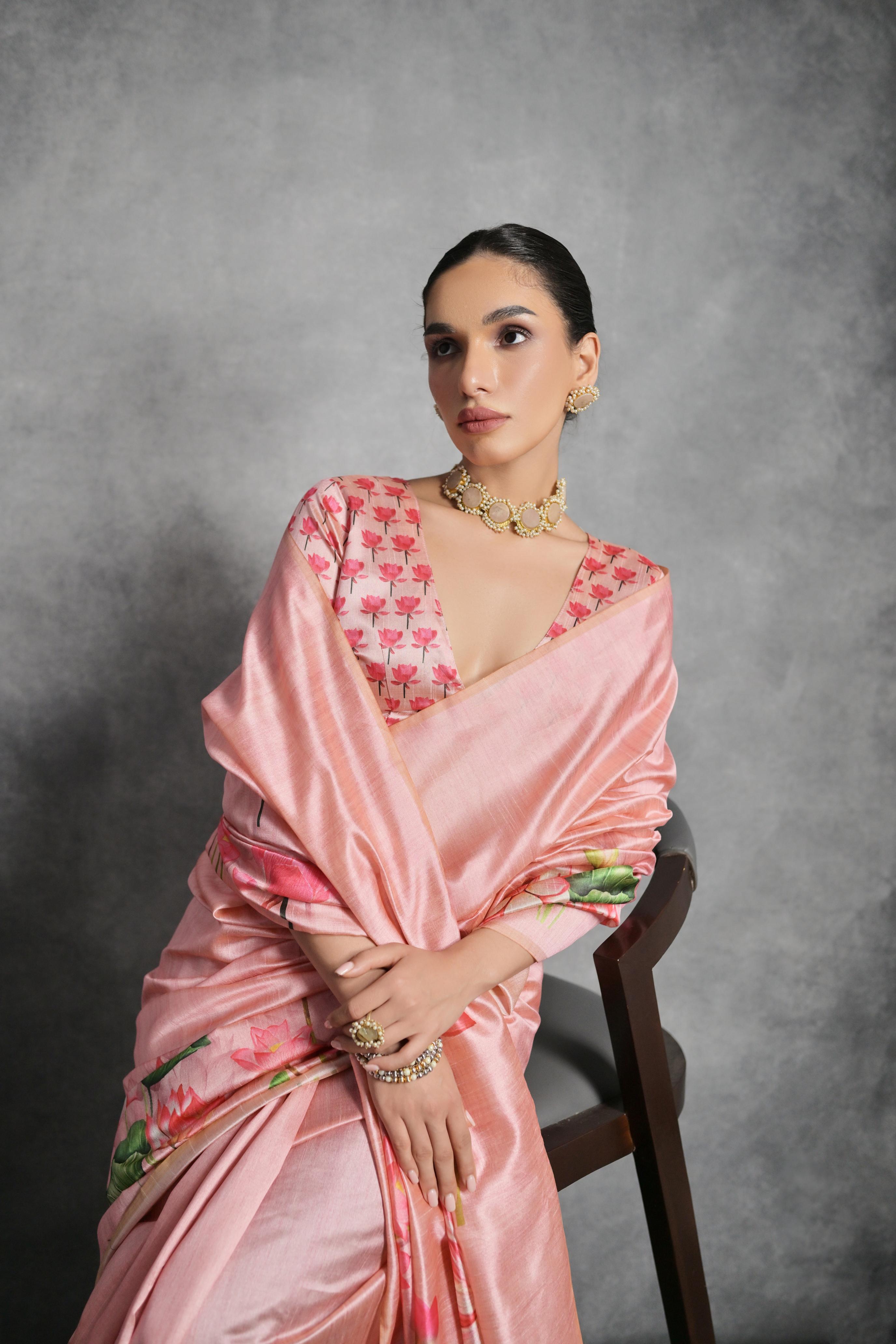 Women's Pink Soft Tussar Silk Floral Printed Saree with Blouse
