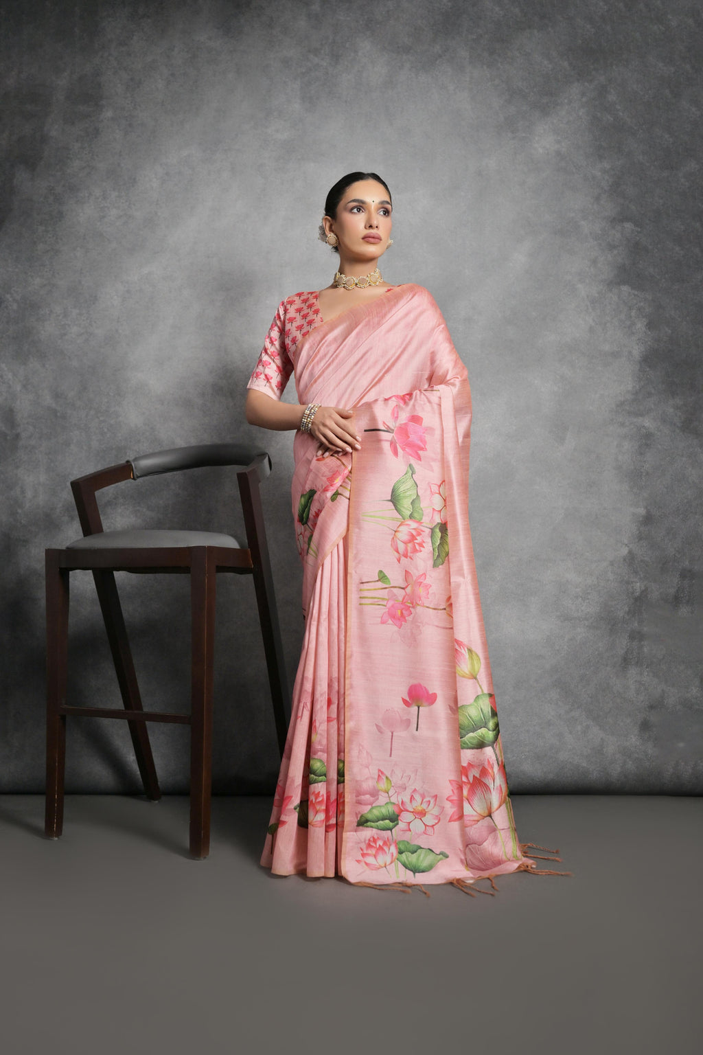 Women's Pink Soft Tussar Silk Floral Printed Saree with Blouse