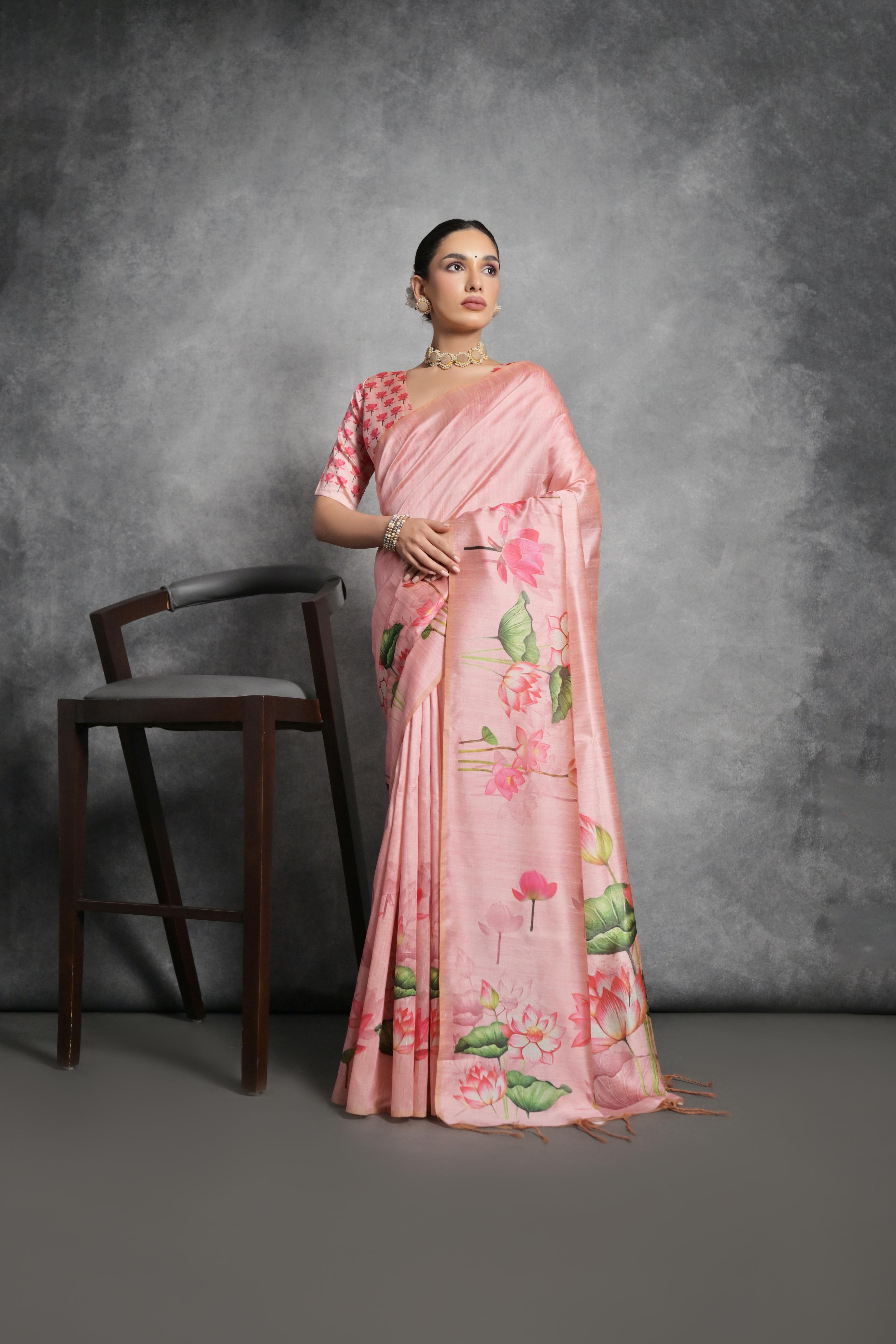 Women's Pink Soft Tussar Silk Floral Printed Saree with Blouse