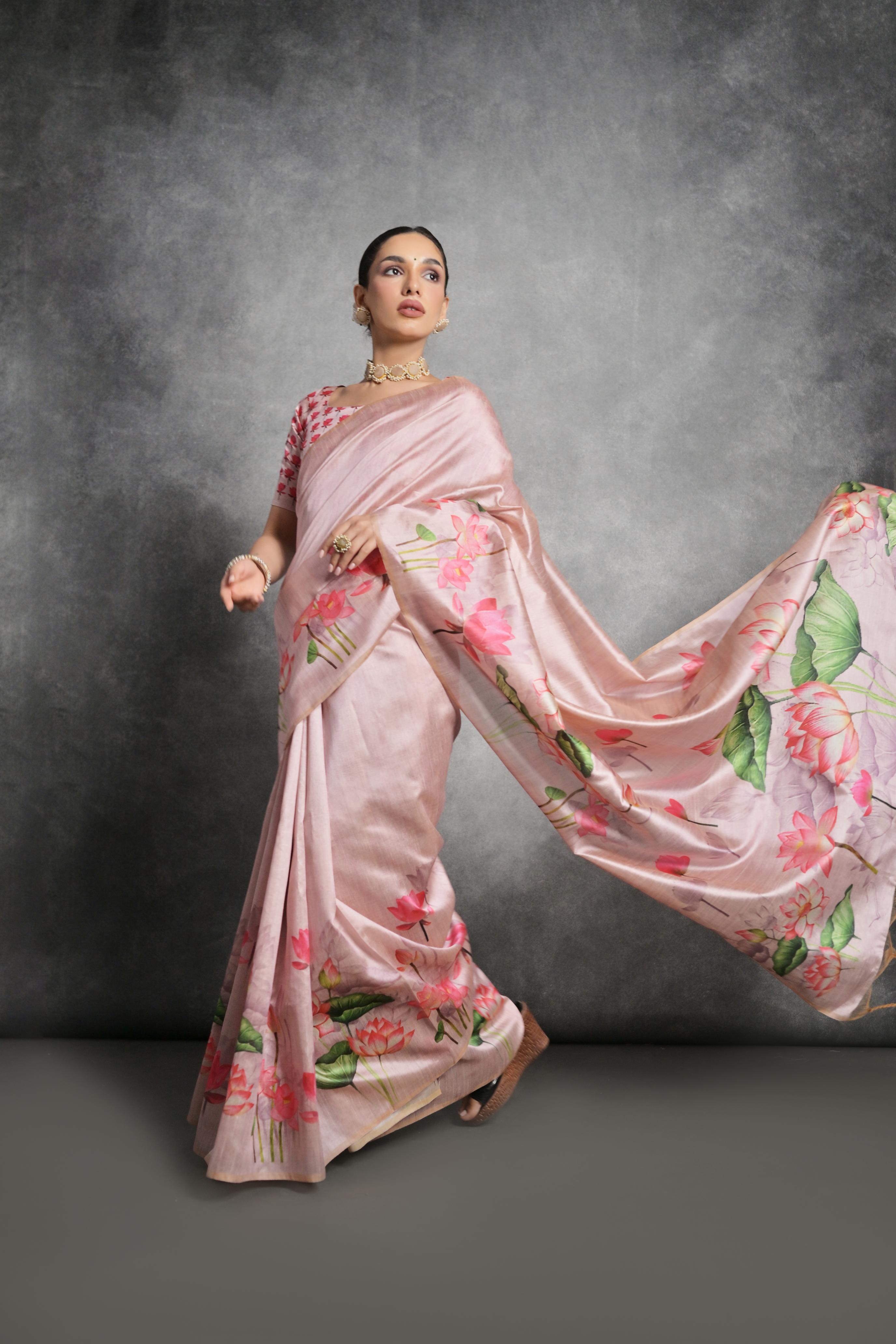 Peach Soft Tussar Silk Floral Printed Saree with Blouse