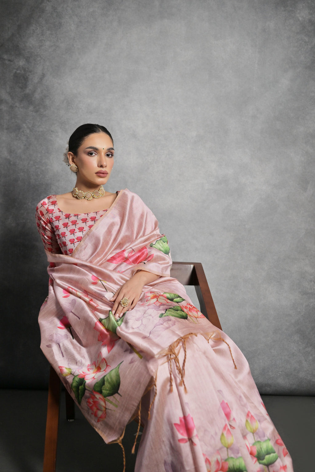 Peach Soft Tussar Silk Floral Printed Saree with Blouse