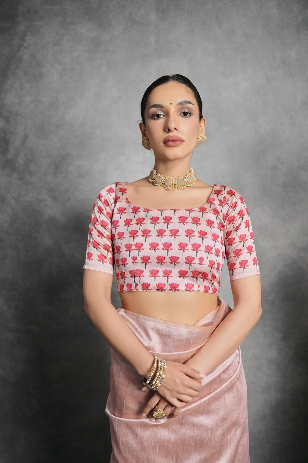 Peach Soft Tussar Silk Floral Printed Saree with Blouse