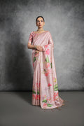 Peach soft Tussar silk saree with delicate floral print patterns and matching blouse