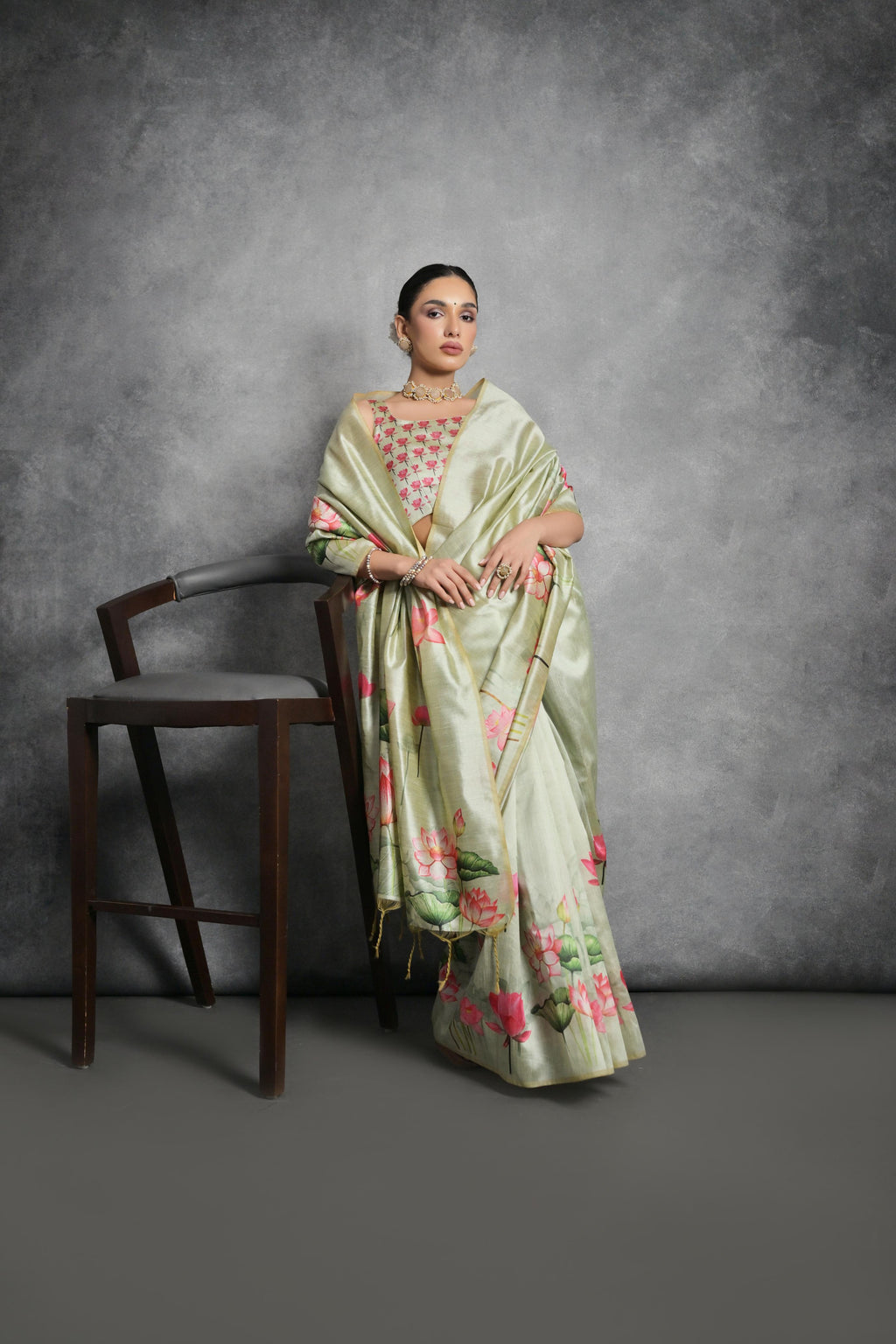 Pista Green Soft Tussar Silk Floral Printed Saree with Blouse