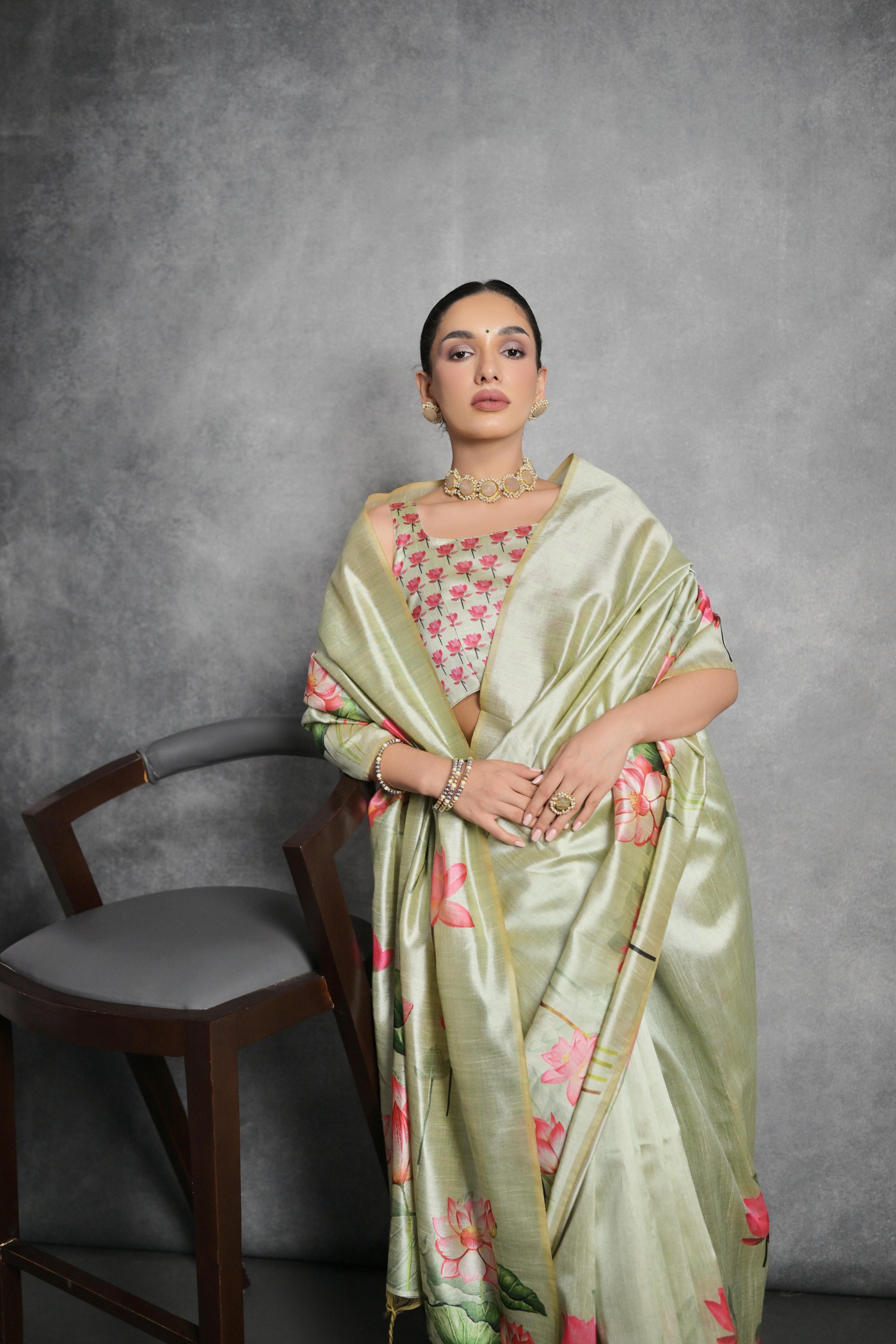 Pista Green Soft Tussar Silk Floral Printed Saree with Blouse