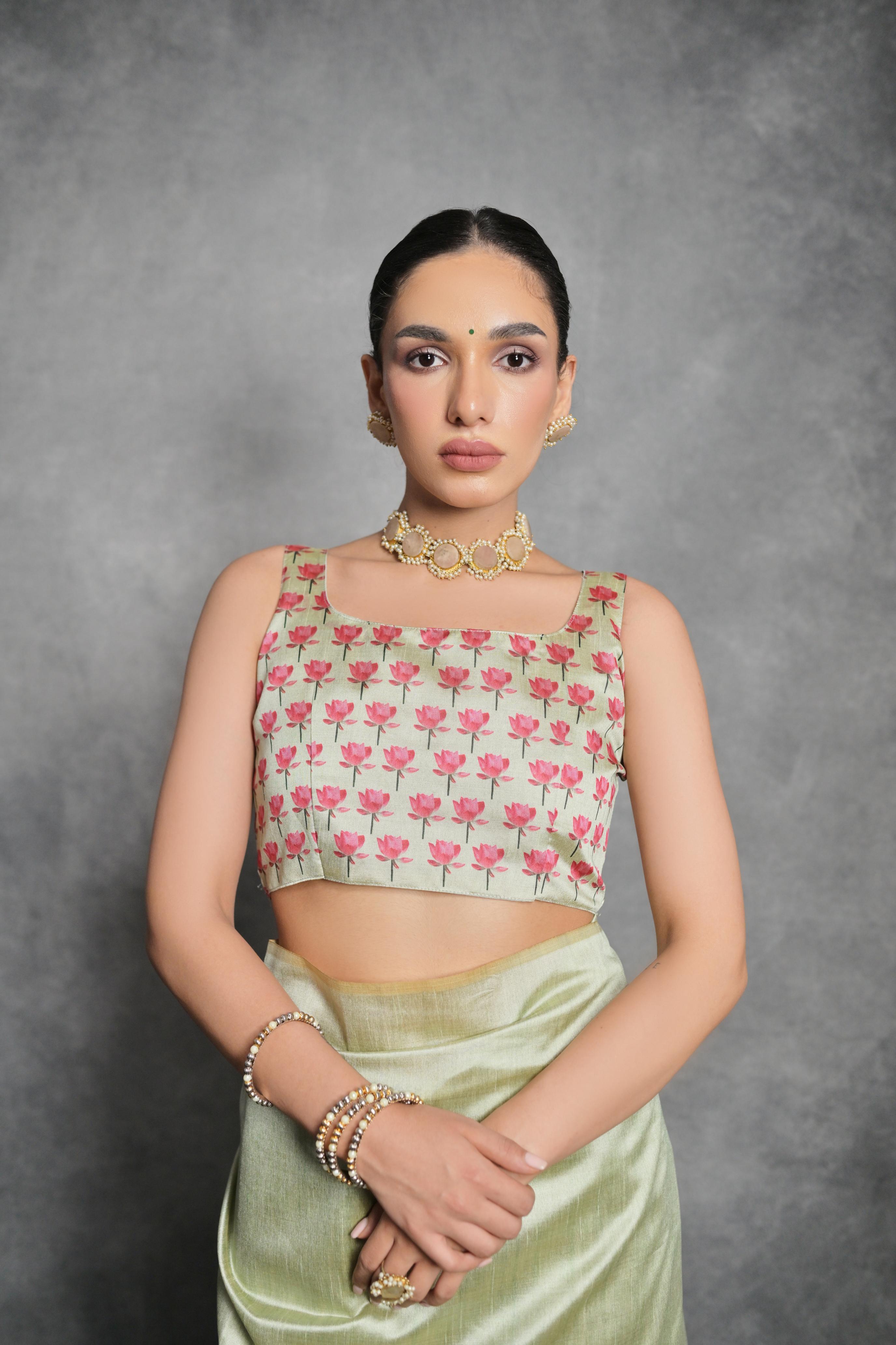 Pista Green Soft Tussar Silk Floral Printed Saree with Blouse
