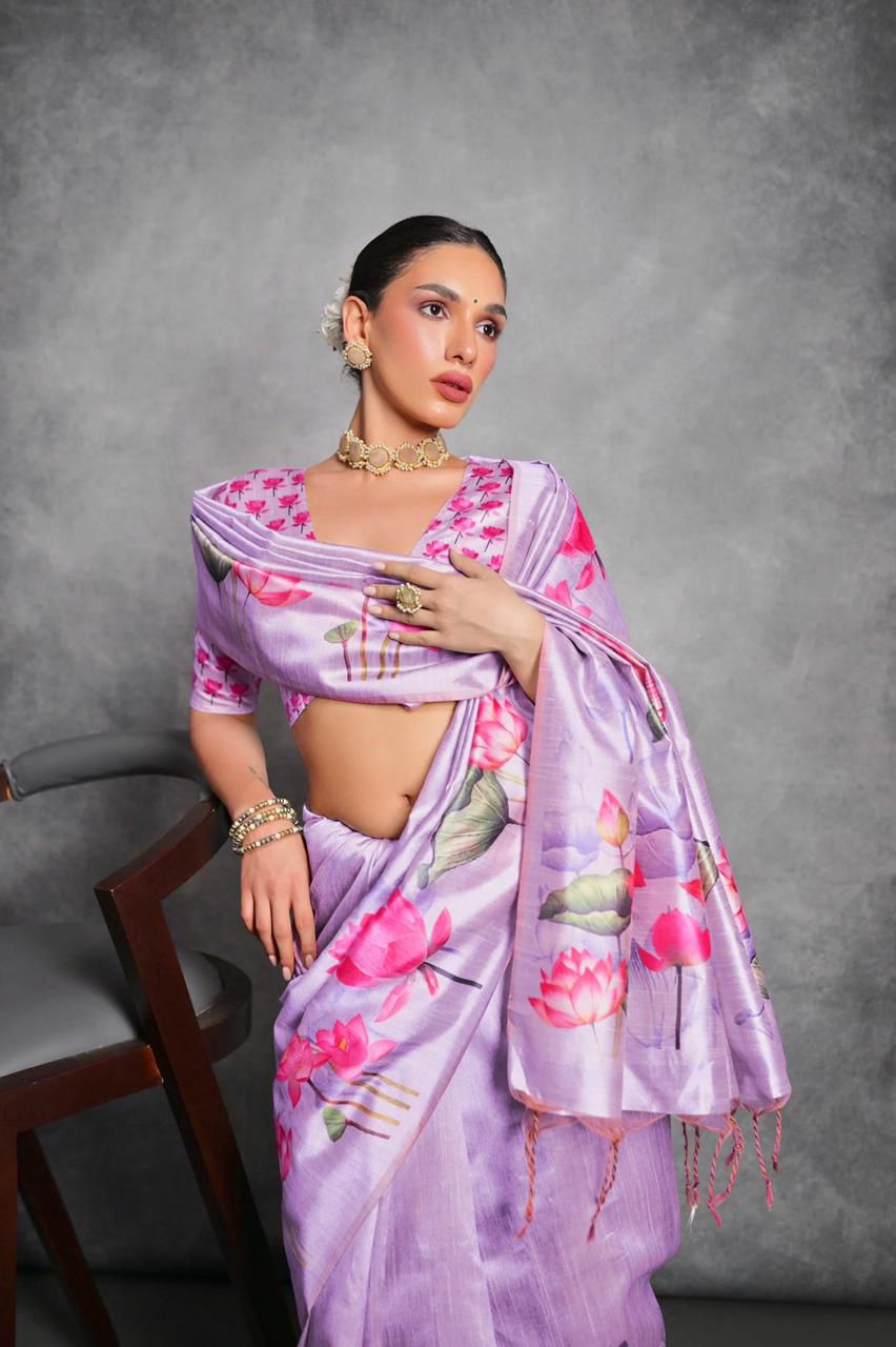 Lavender Soft Tussar Silk Saree with Floral Print and Blouse