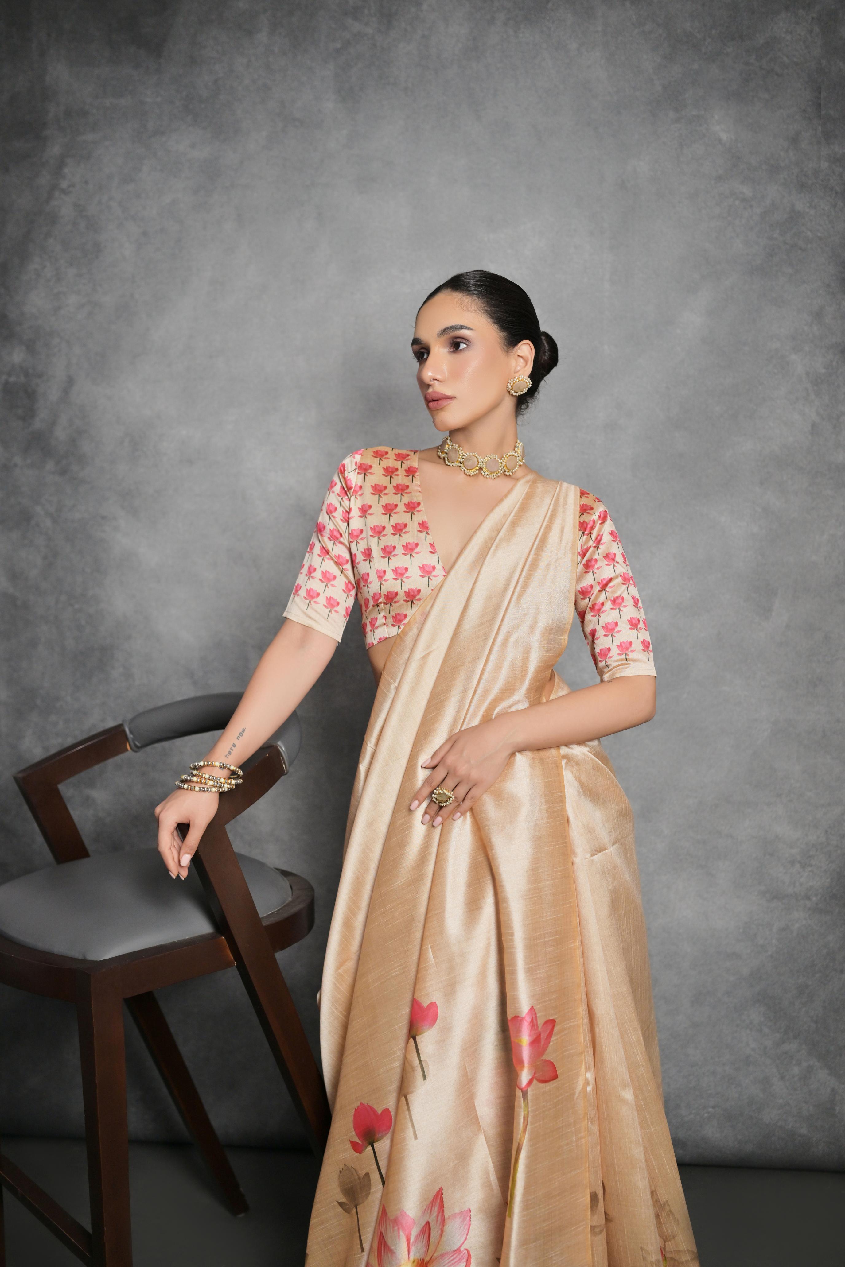 Women's Cream Soft Tussar Silk Floral Printed Saree with Blouse