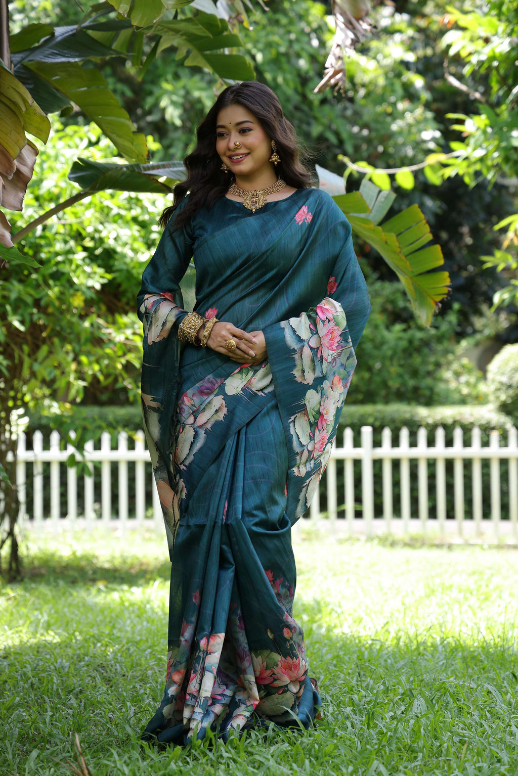 Teal Soft Tussar Silk Floral Printed Saree with Blouse Piece