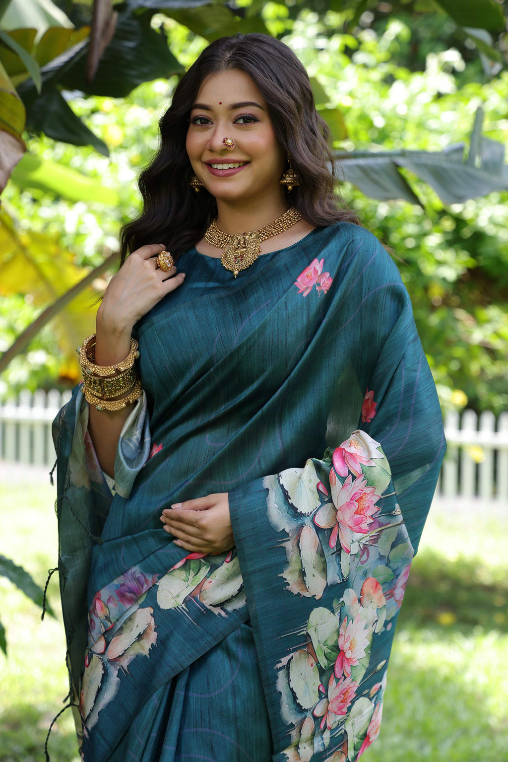 Teal Soft Tussar Silk Floral Printed Saree with Blouse Piece