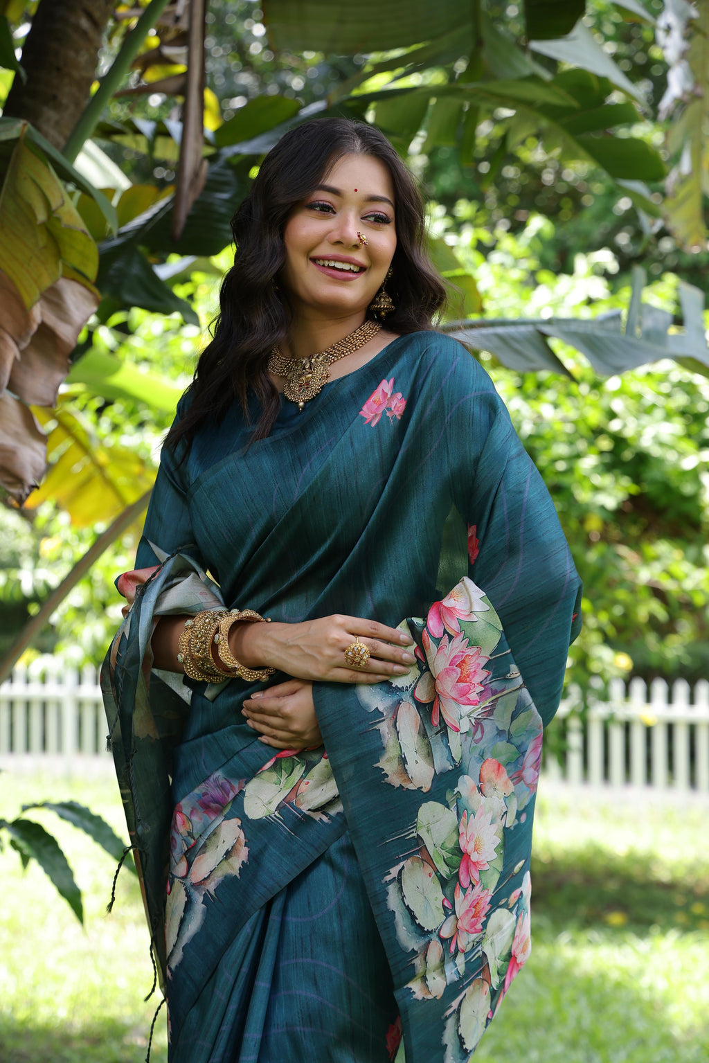 Teal Soft Tussar Silk Floral Printed Saree with Blouse Piece