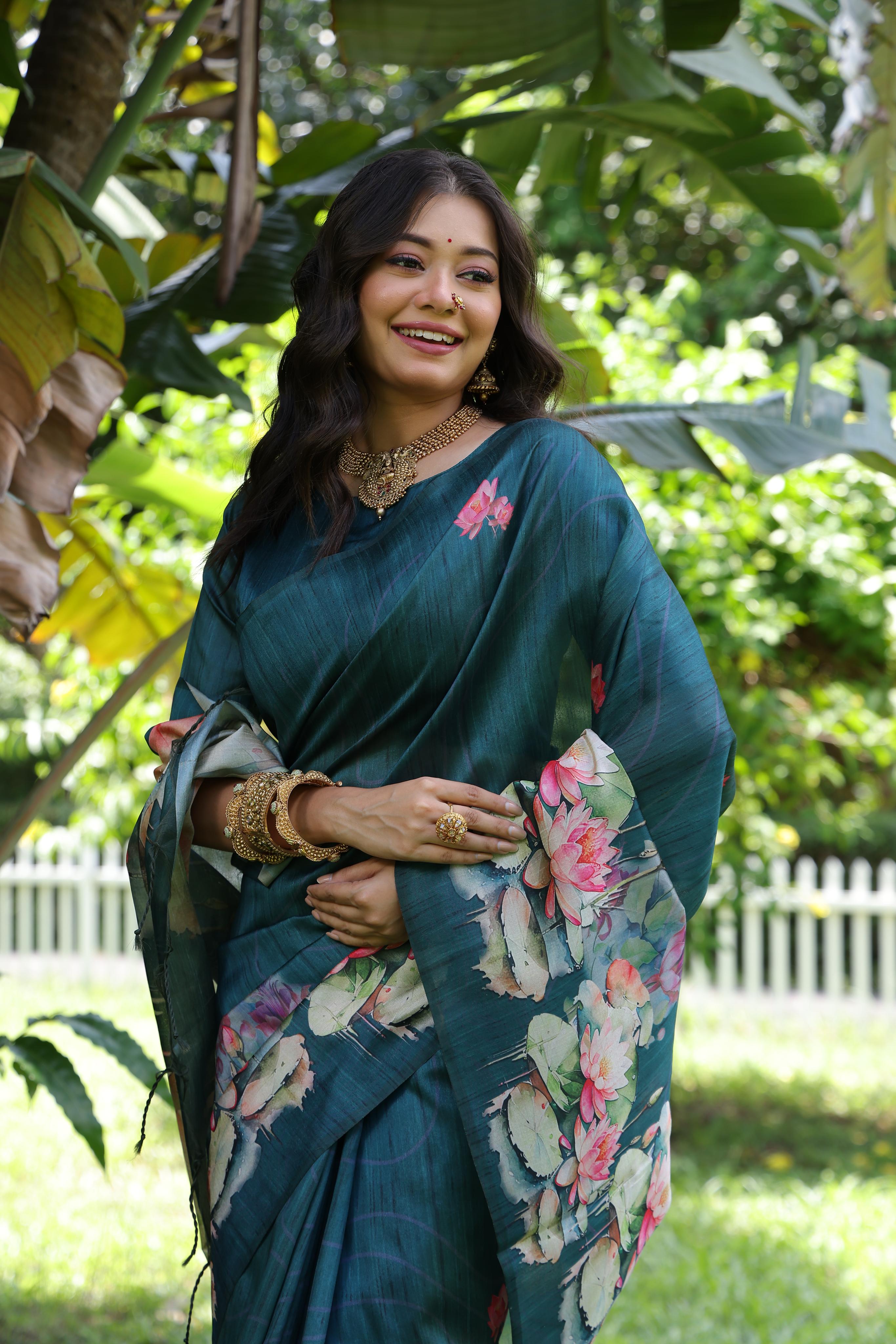Teal Soft Tussar Silk Floral Printed Saree with Blouse Piece
