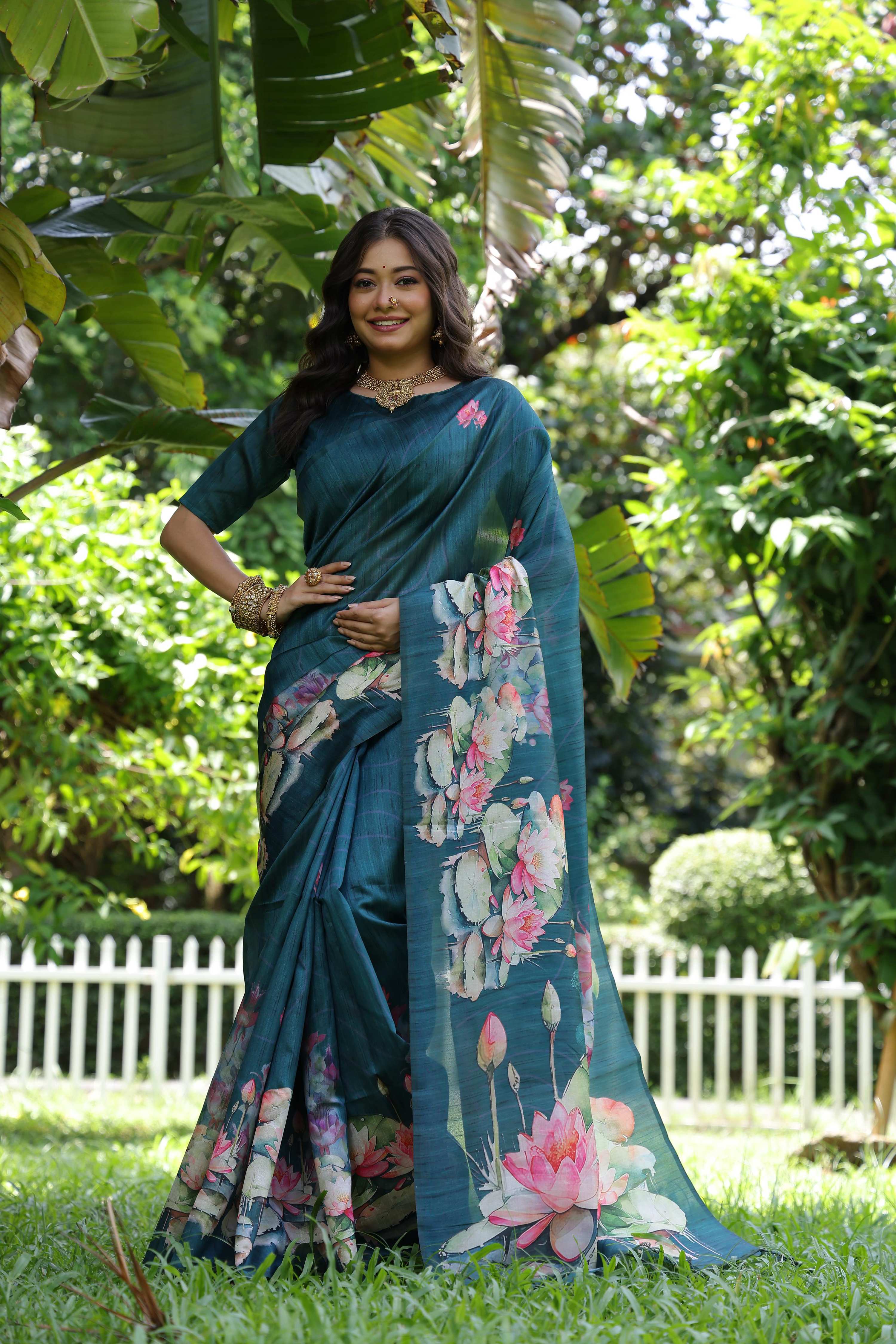 Teal Tussar silk saree with floral print and matching blouse piece