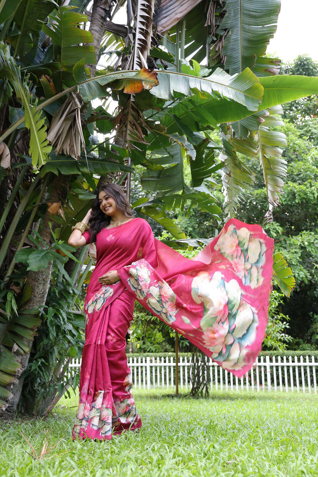 Rani Pink Soft Tussar Silk Floral Printed Saree with Blouse