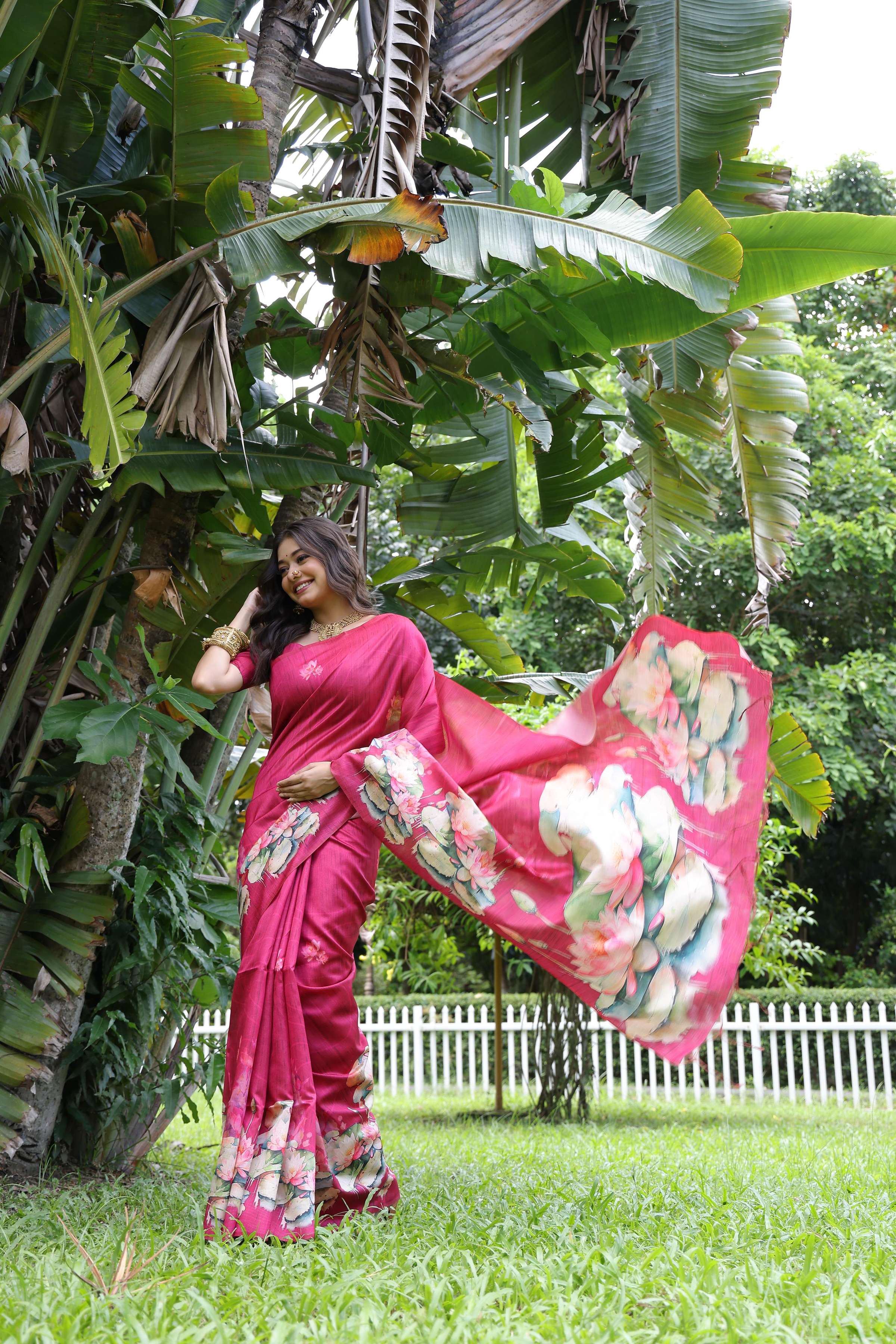 Rani Pink Soft Tussar Silk Floral Printed Saree with Blouse