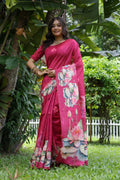 Rani Pink soft Tussar Silk saree with floral print patterns and blouse piece.