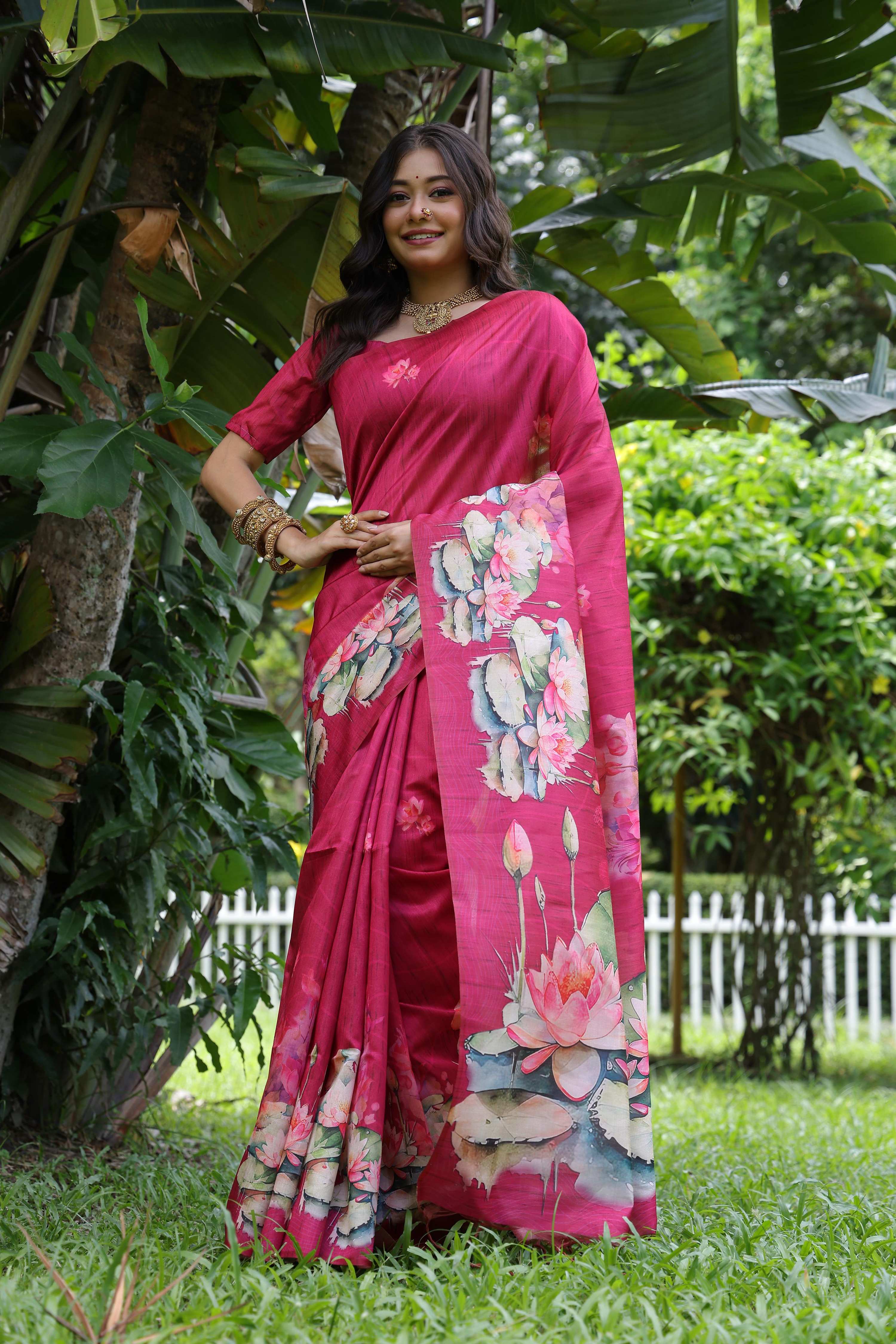 Rani Pink soft Tussar Silk saree with floral print patterns and blouse piece.