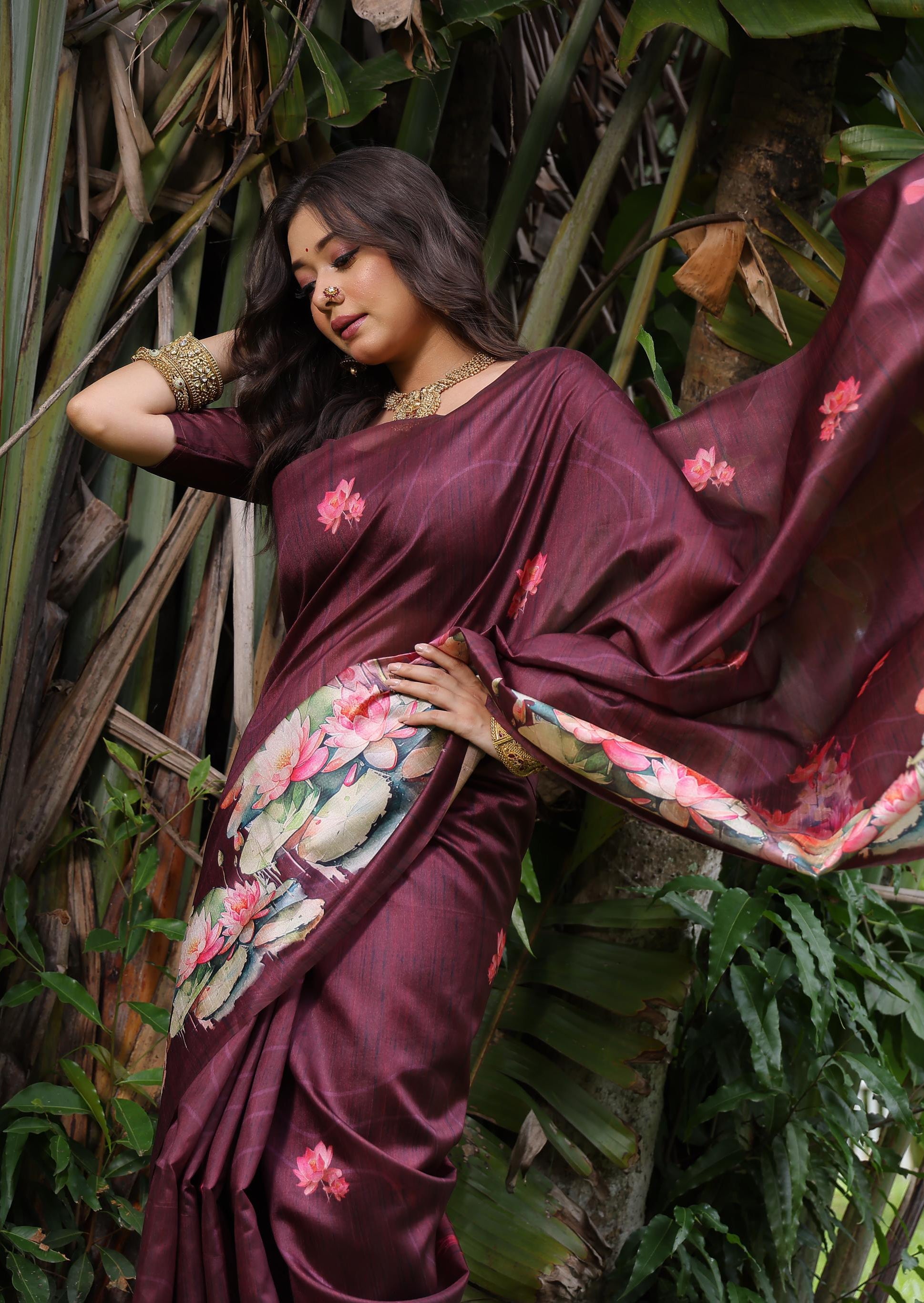 Wine Soft Tussar Silk Floral Printed Saree with Blouse